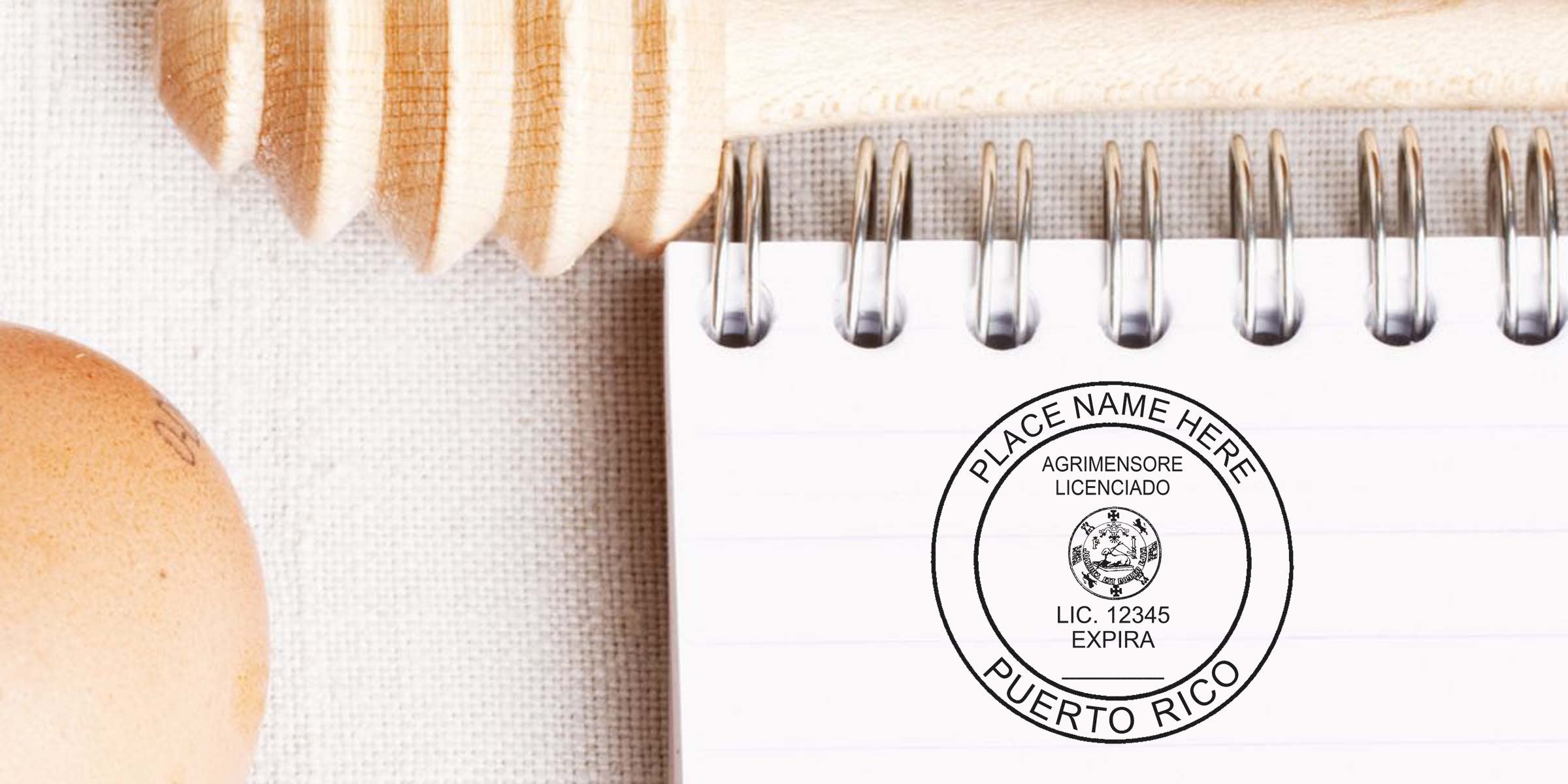 Licensed Puerto Rico land surveyor seal stamped on notebook with honey dipper and egg background, emphasizing professional land surveyor standards.