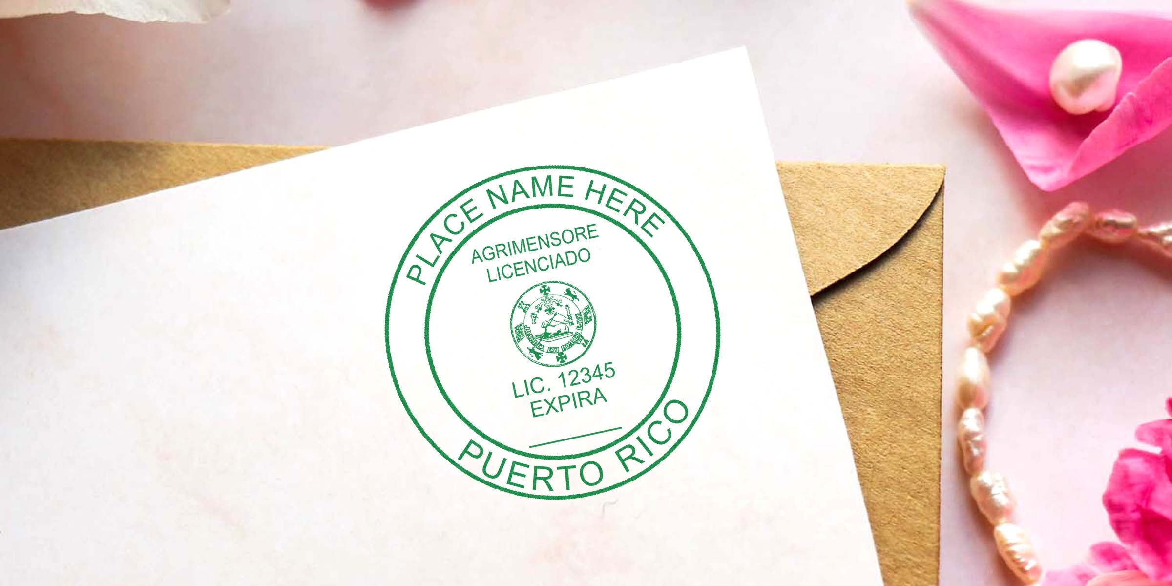 Puerto Rico land surveyor stamp on white paper with envelope and pink petals, meeting Puerto Rico land surveyor stamp requirements.