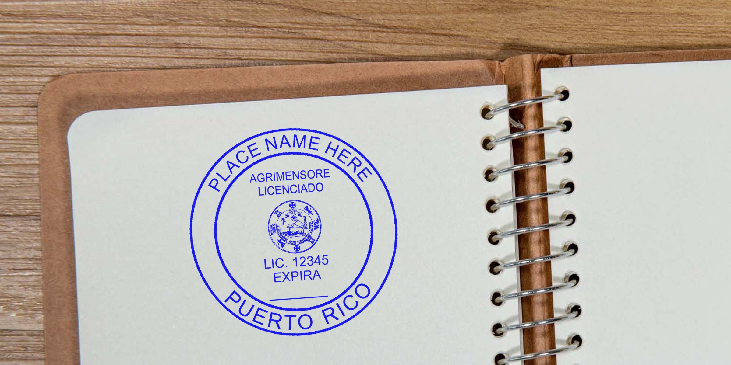 Puerto Rico licensed land surveyor stamp on notebook page with official seal and license number, linked to land surveyor costs and stamp prices in Puerto Rico.