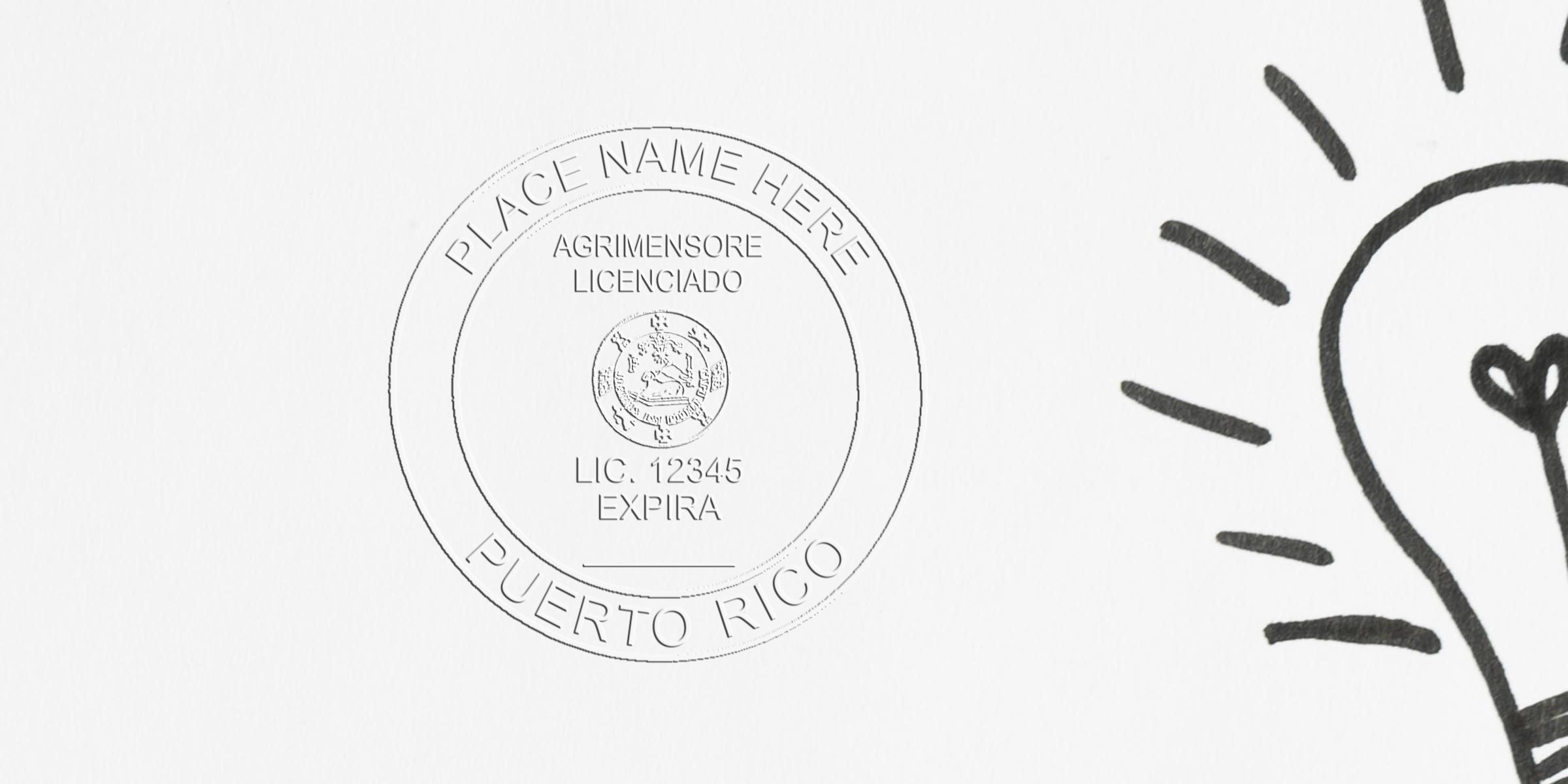 Puerto Rico land surveyor stamp with a custom seal featuring a light bulb design, symbolizing expert land surveying services in Puerto Rico.