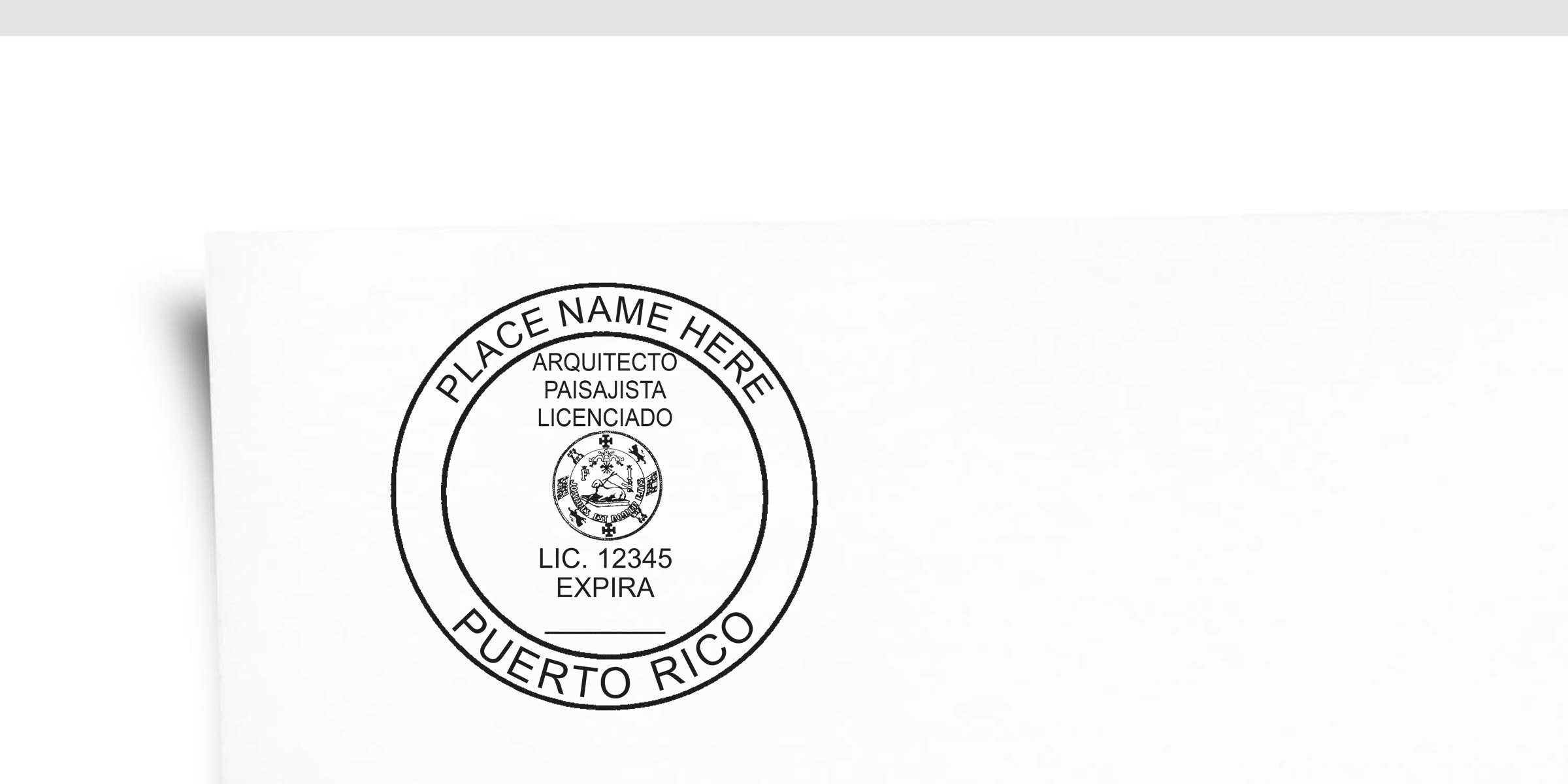 Puerto Rico licensed landscape architect stamp template with place name, license number, price details, and landscape architect fees in Puerto Rico.