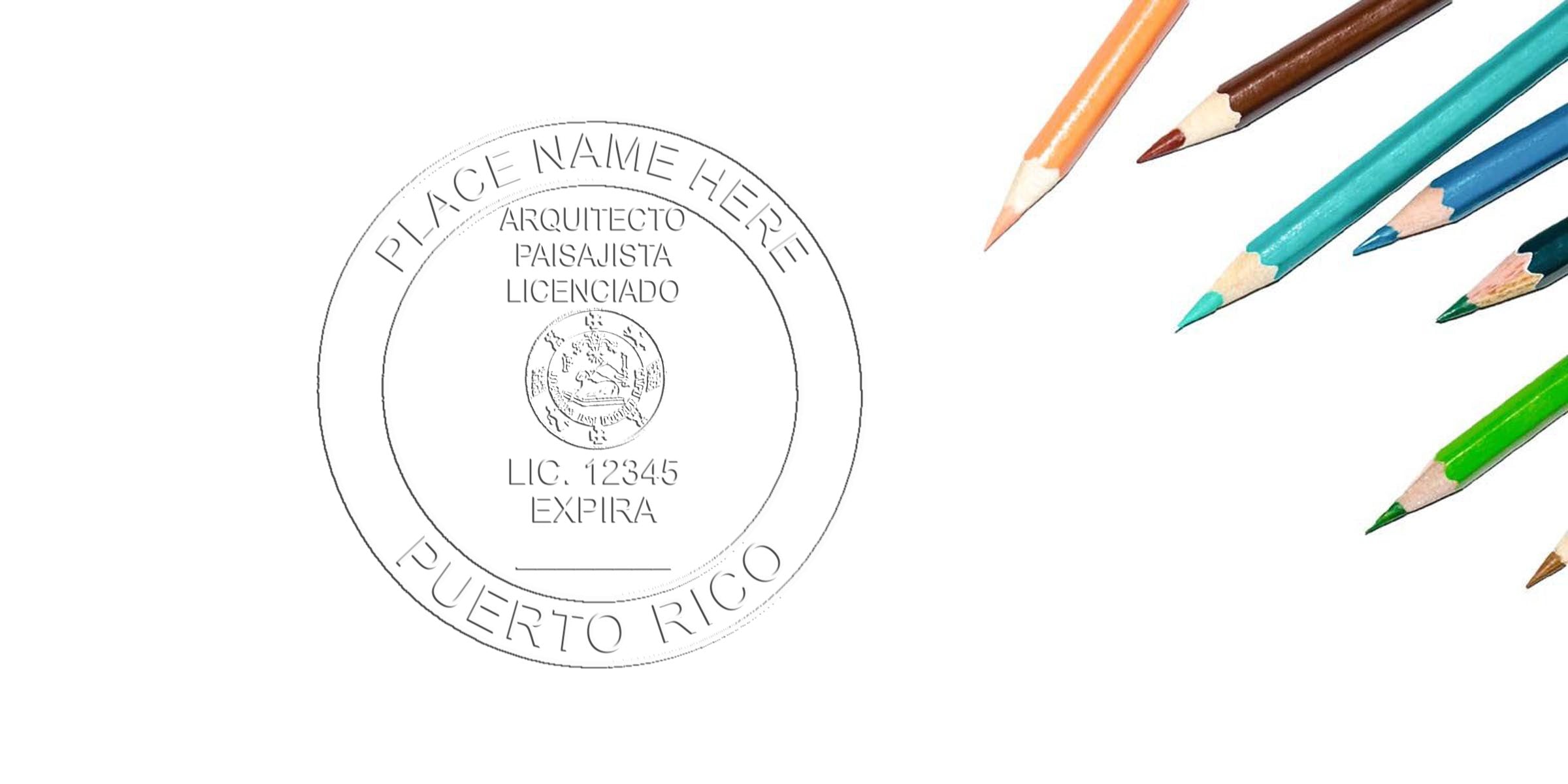 Puerto Rico licensed landscape architect seal with colored pencils on white background, showing Puerto Rico landscape architect and architect stamp.