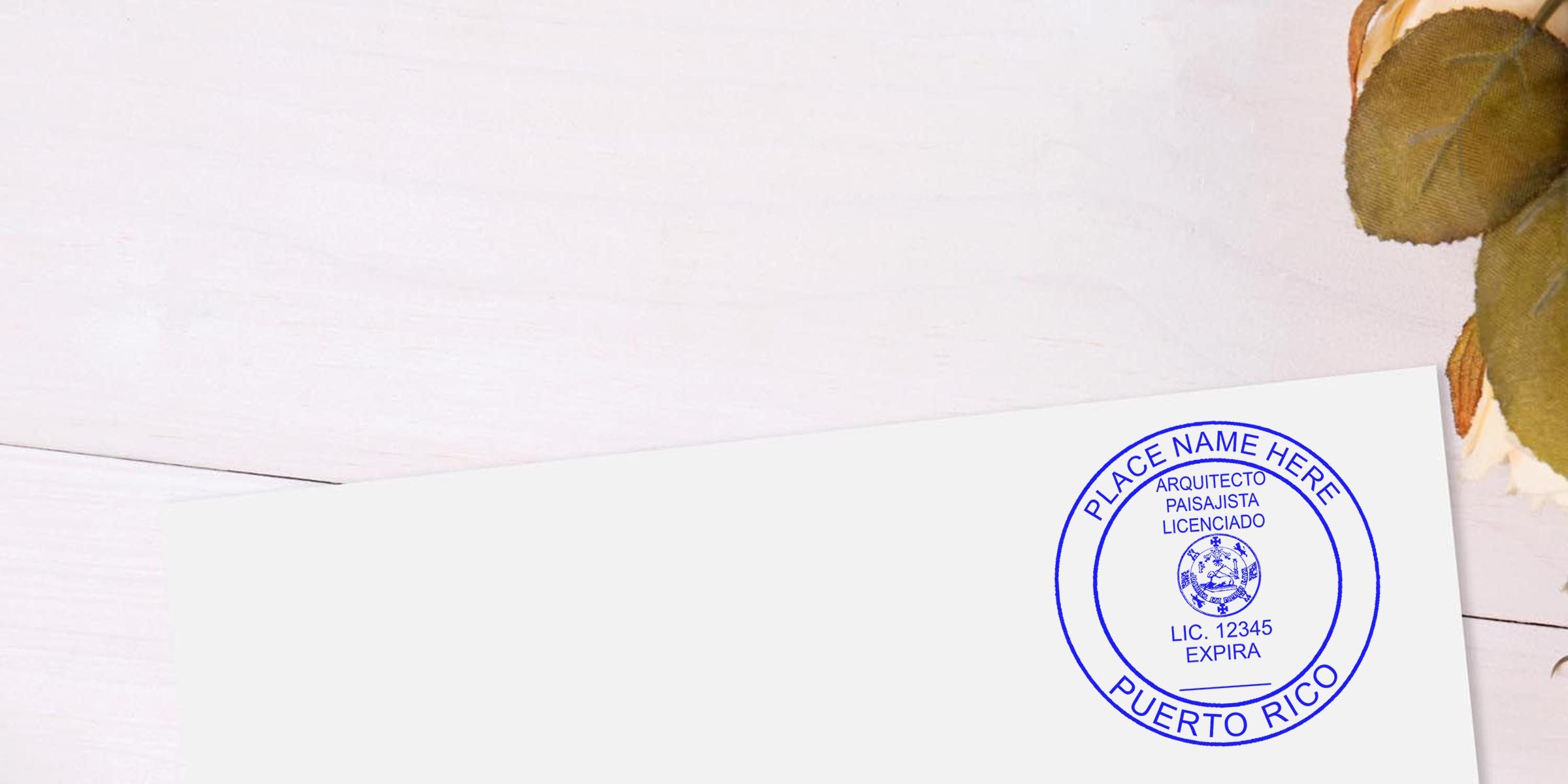 Puerto Rico licensed landscape architect seal on white paper with autumn leaves background.
