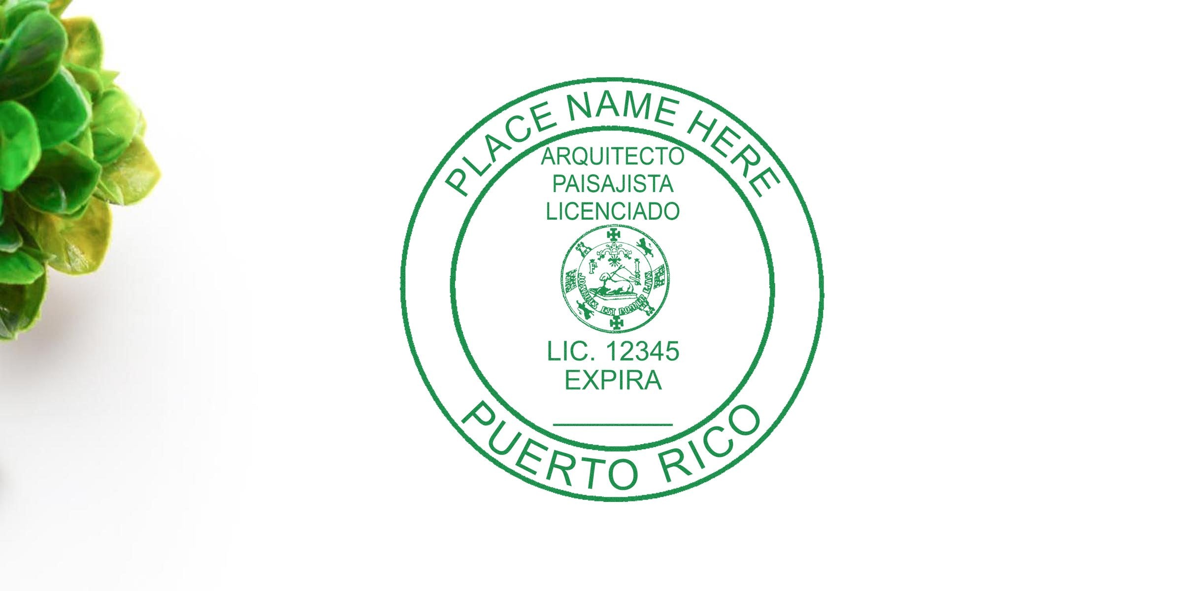 Puerto Rico licensed landscape architect stamp in green ink with a succulent plant on white, part of an architect seal kit.