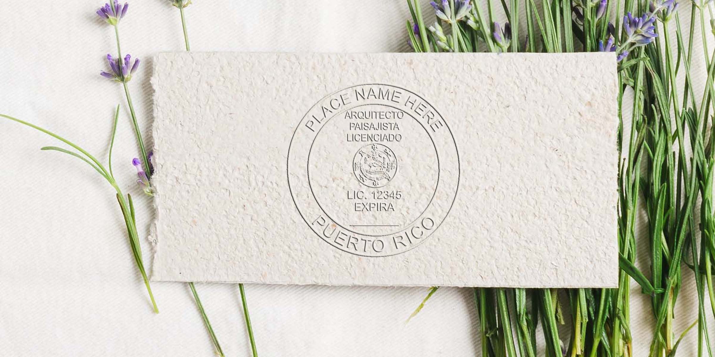 Licensed Puerto Rico landscape architect stamp on textured paper with lavender and rosemary, highlighting Puerto Rico landscape architect license and requirements.