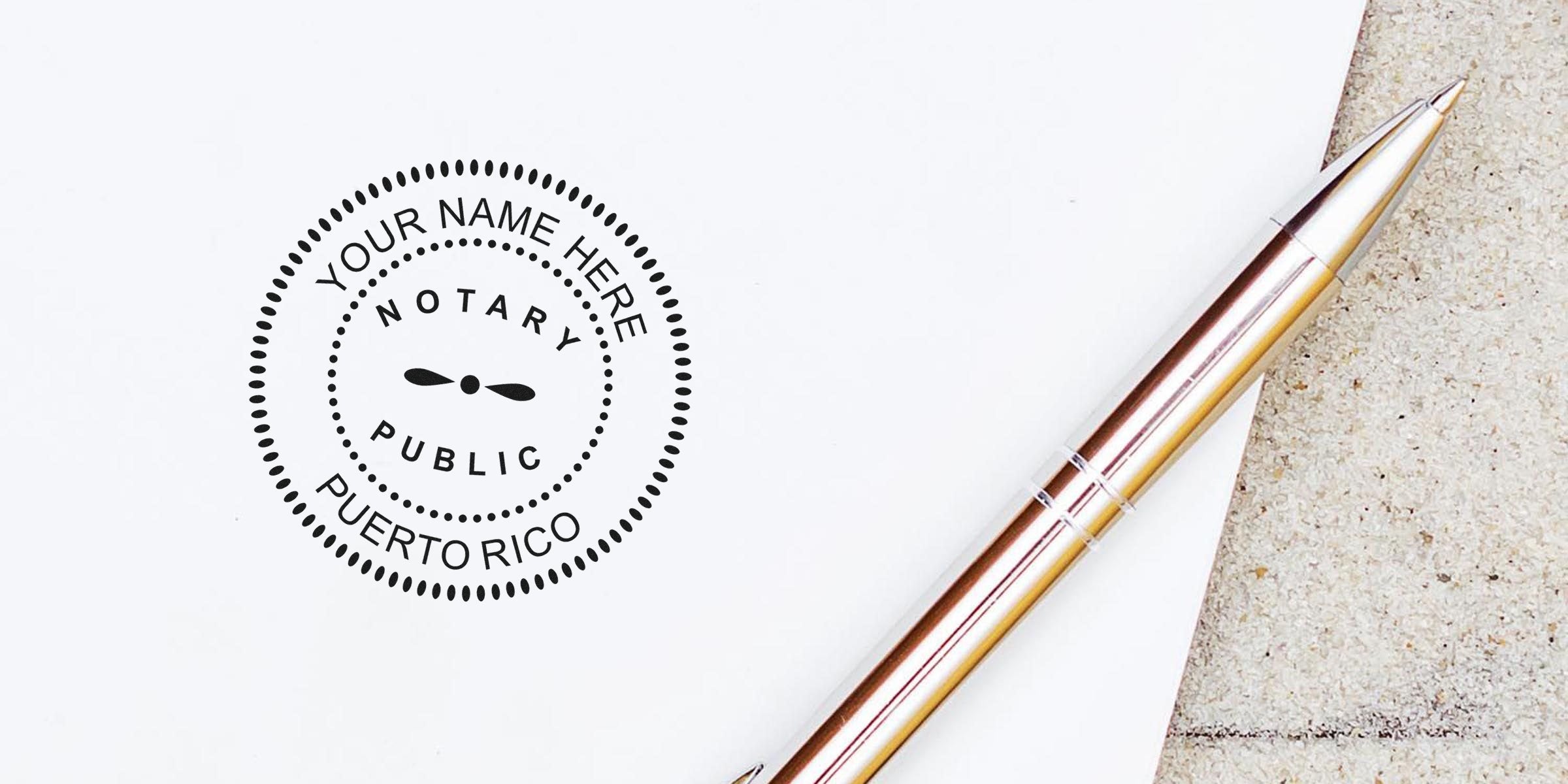Notary Stamp PR on white paper with silver pen, Puerto Rico notary services, official document certification, and guide to buying notary stamps.