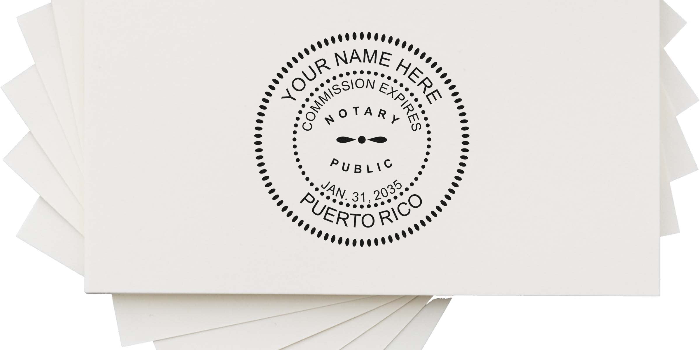 Puerto Rico notary stamp with commission expiration date on white paper, meeting all Puerto Rico notary stamp requirements.