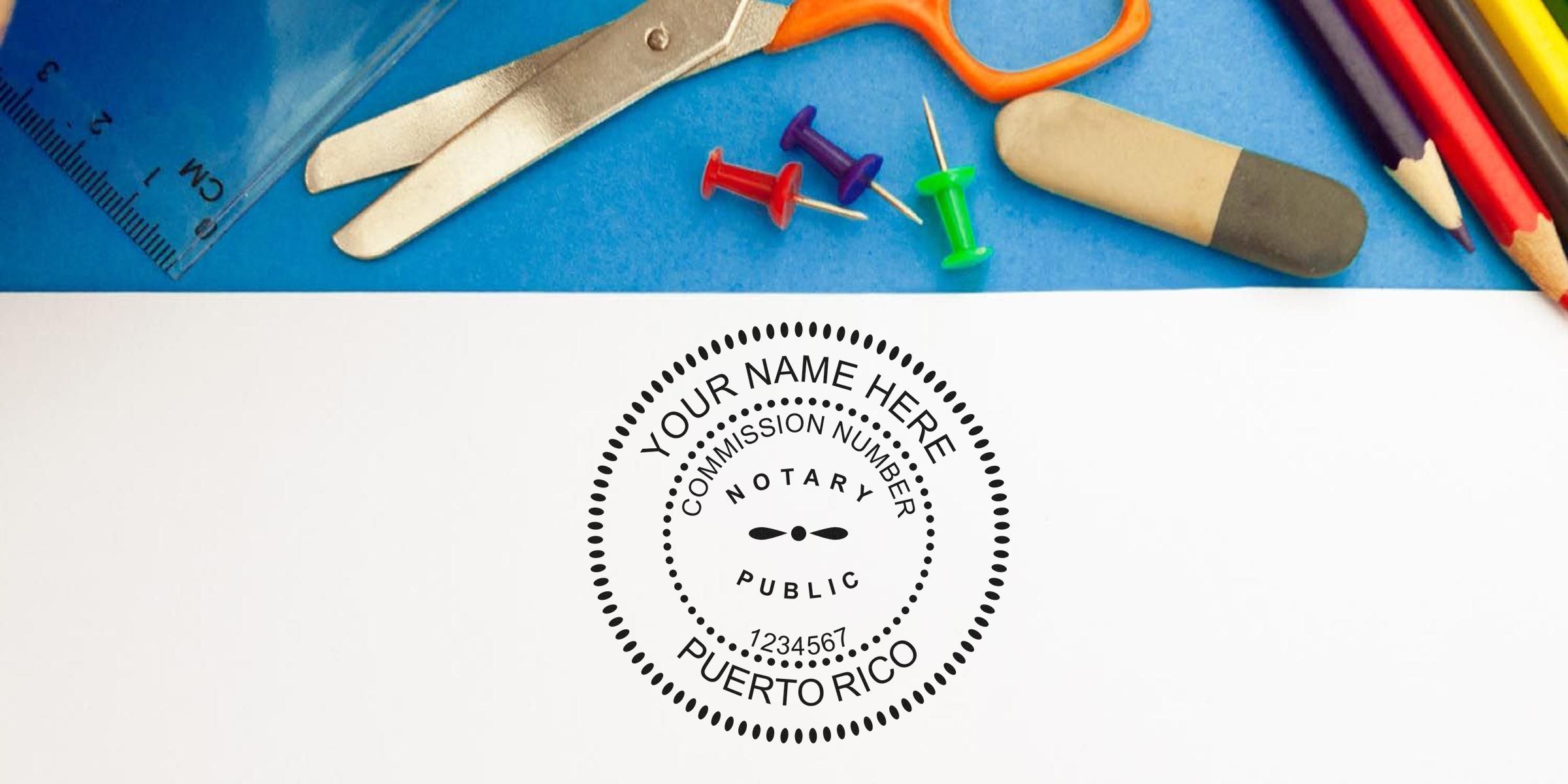 Notary public stamp with commission number on white paper, surrounded by Puerto Rico notary supplies and tools.