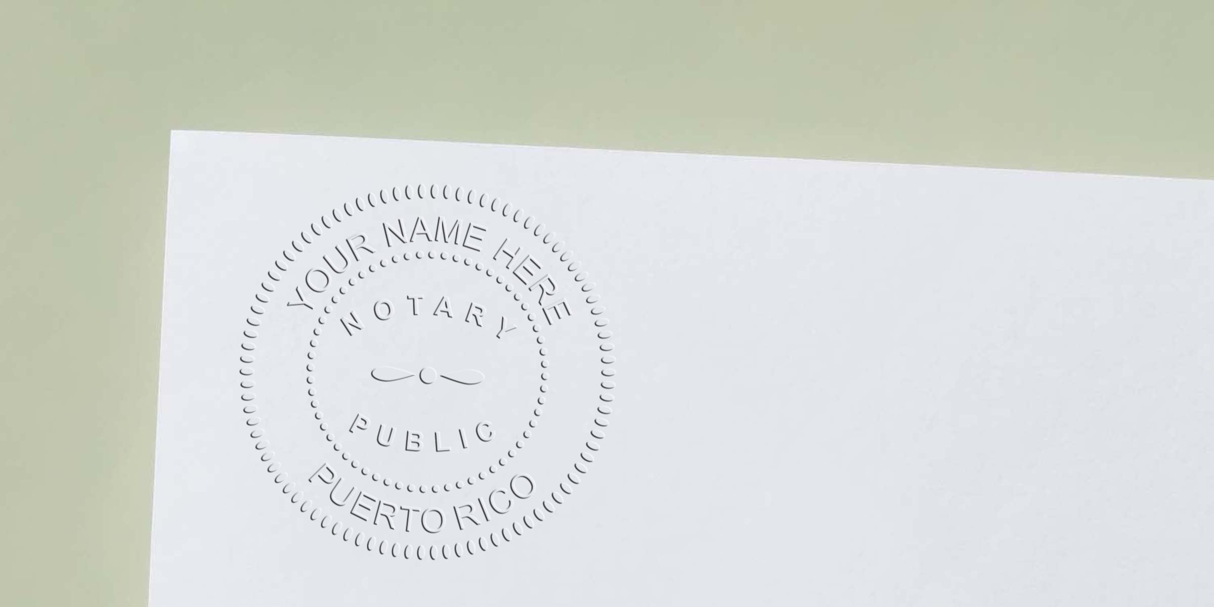 Embossed Puerto Rico notary seal on white paper showing official seal with visible expiration details.