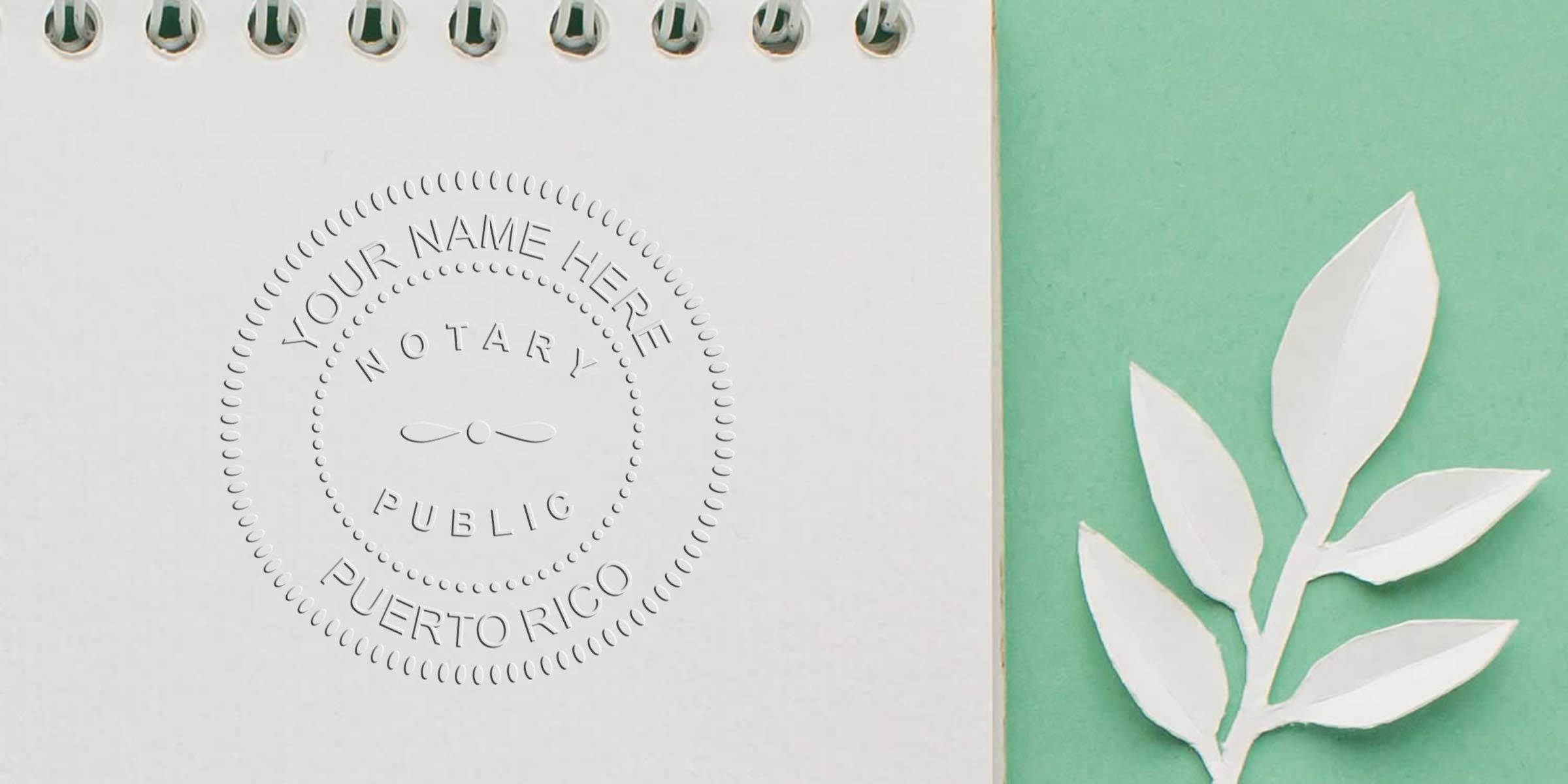 Embossed Puerto Rico notary seal on white paper with green background, showcasing a trusted notary stamp for official certification.