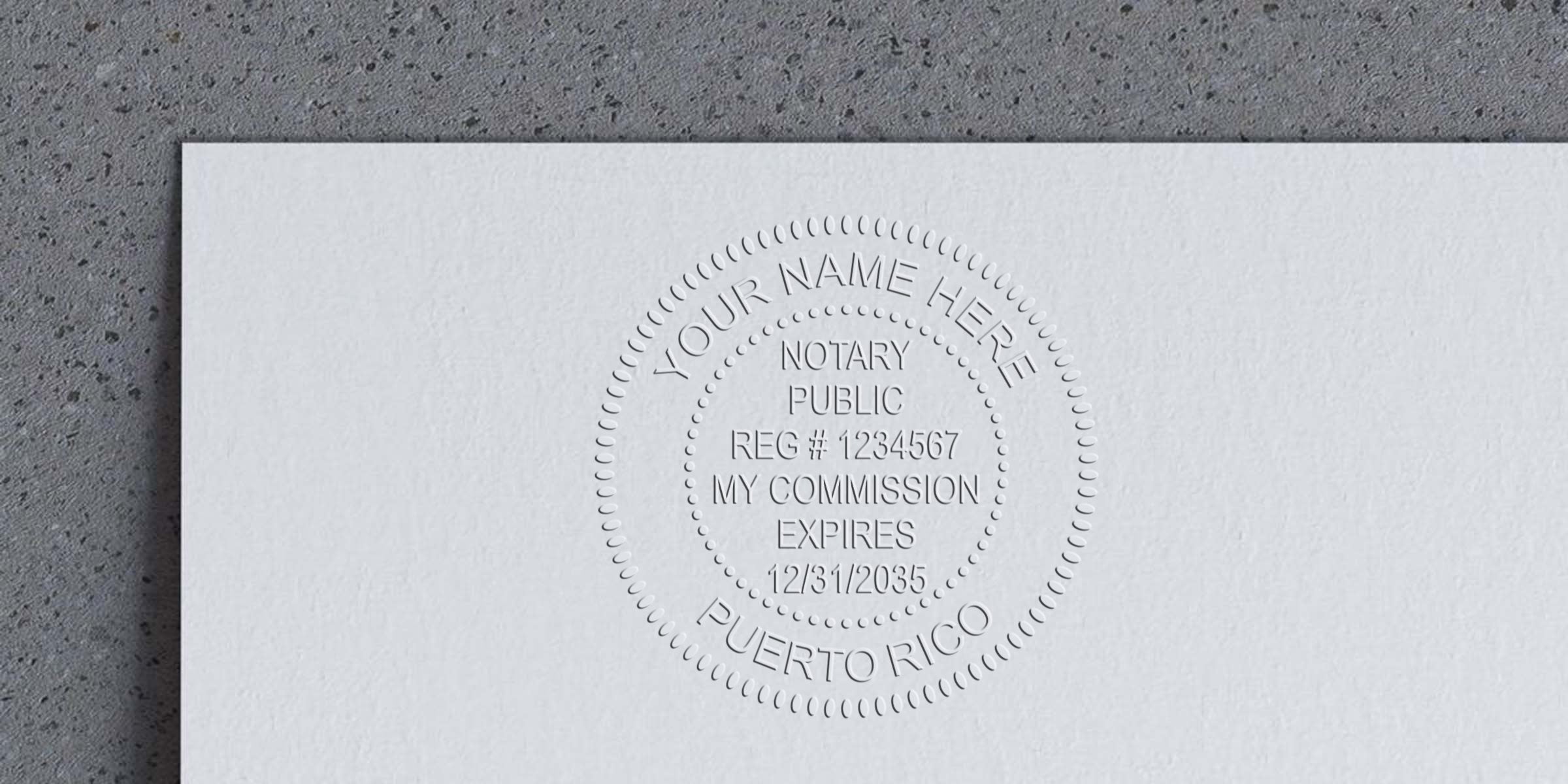 Embossed Puerto Rico notary seal on white paper, showing a guide for Puerto Rico notary public services.