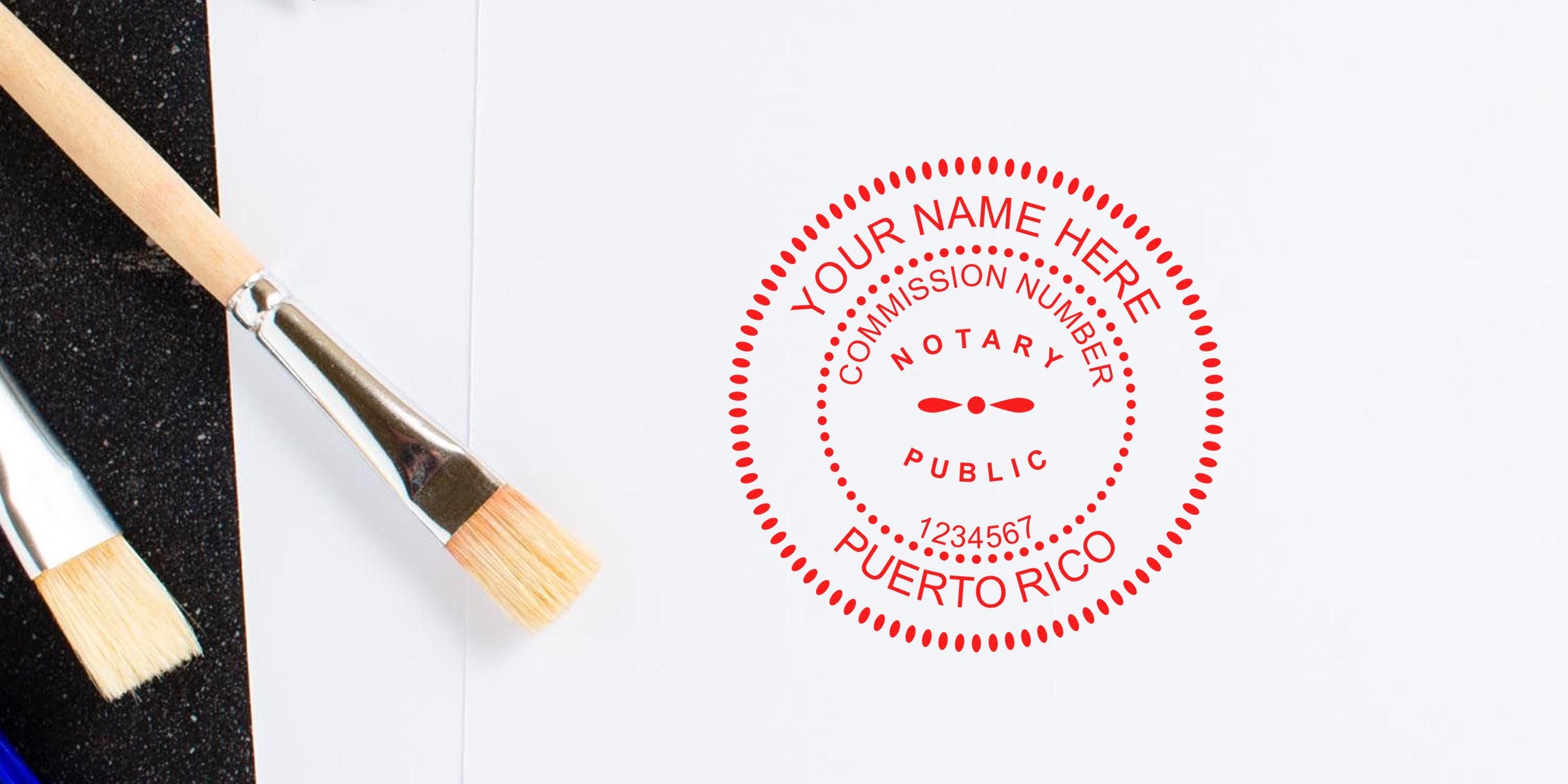 Puerto Rico notary public stamp with commission number beside paintbrushes on white paper, showcasing essential notary public details.