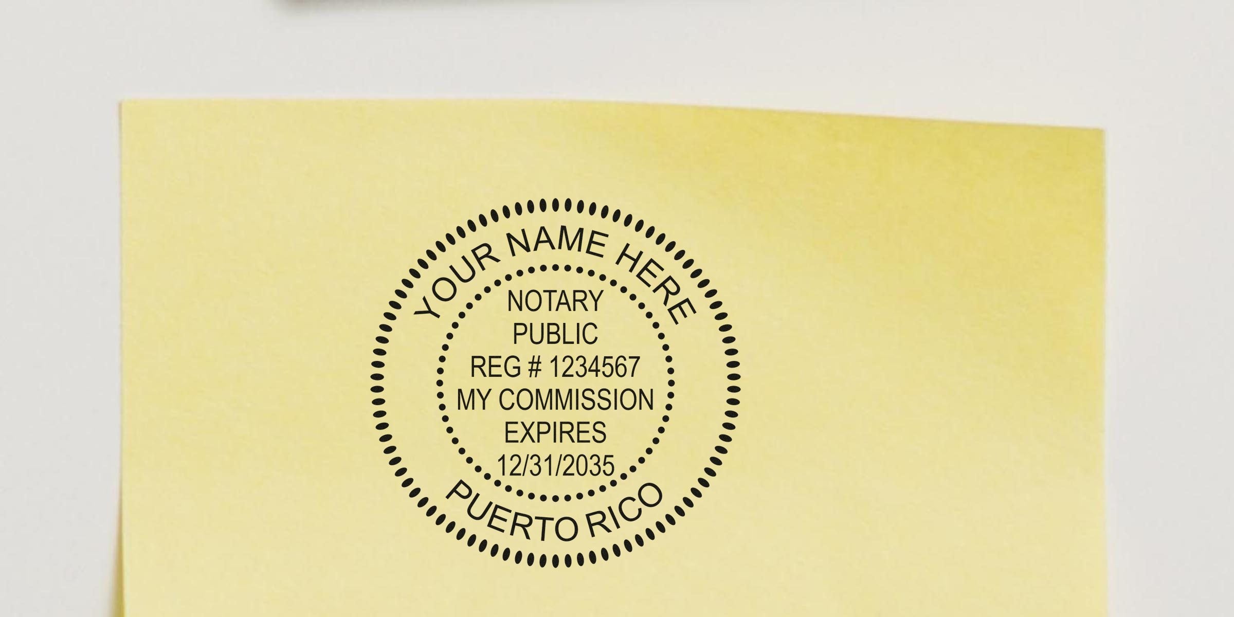 Puerto Rico notary public stamp on yellow paper with commission expiration date, displaying official Puerto Rico notary stamps and authorized notary seal.