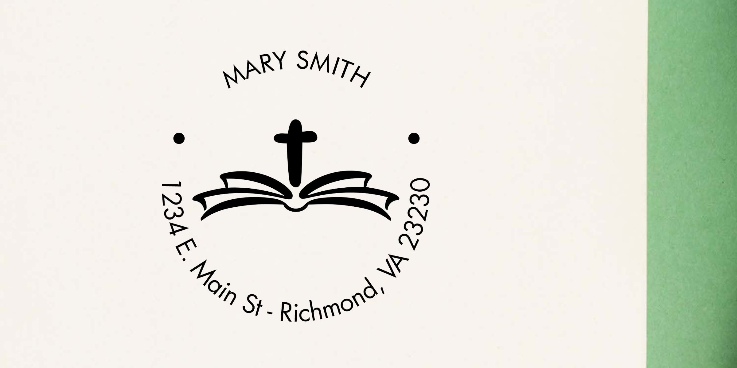 Mary Smith church logo with cross over open Bible and circular text reading 1234 E. Main St. - Richmond, VA 23230