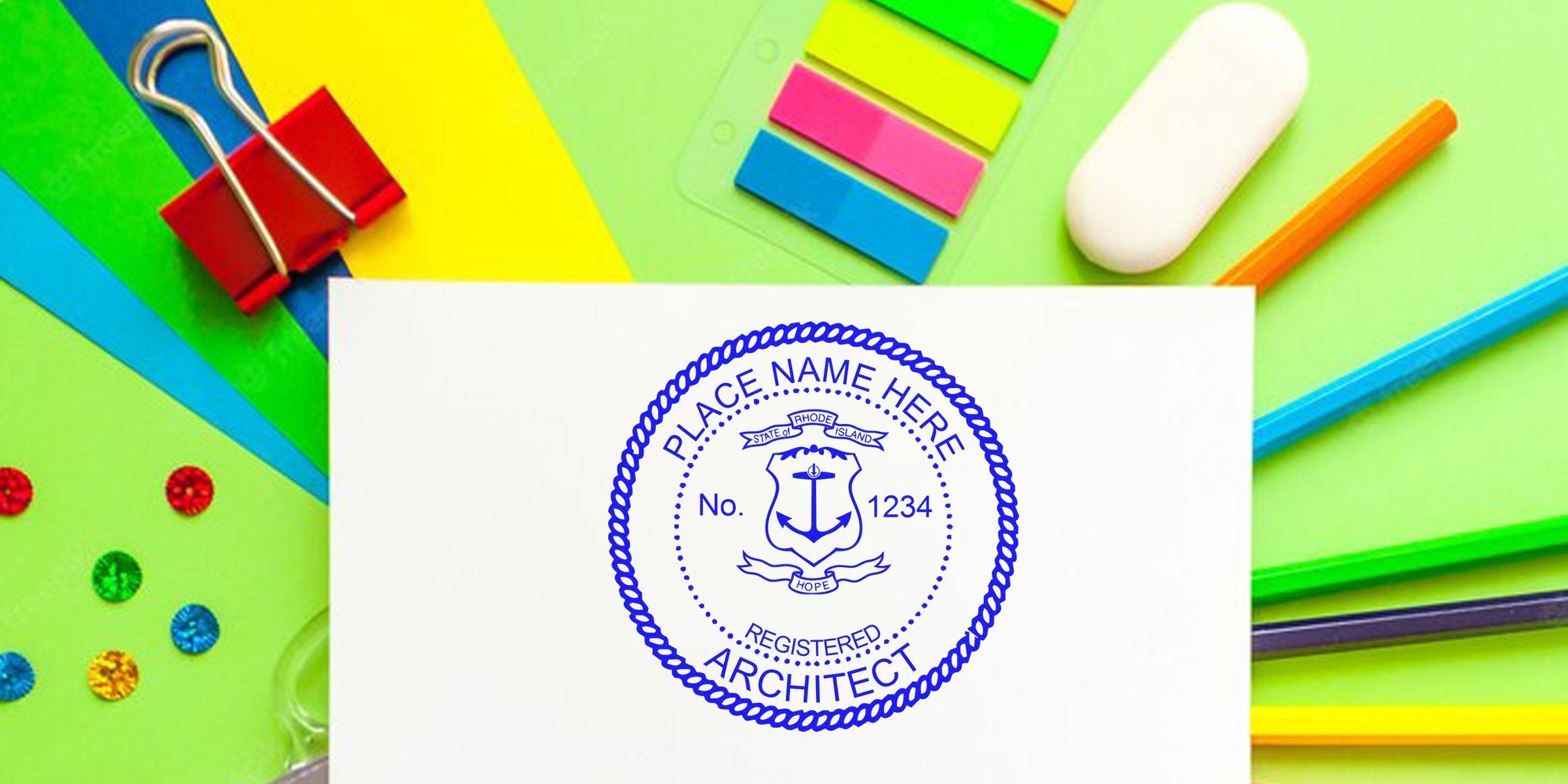 Rhode Island architect stamp on white paper, surrounded by colorful office supplies, emphasizing the choice of a Rhode Island architect stamp.