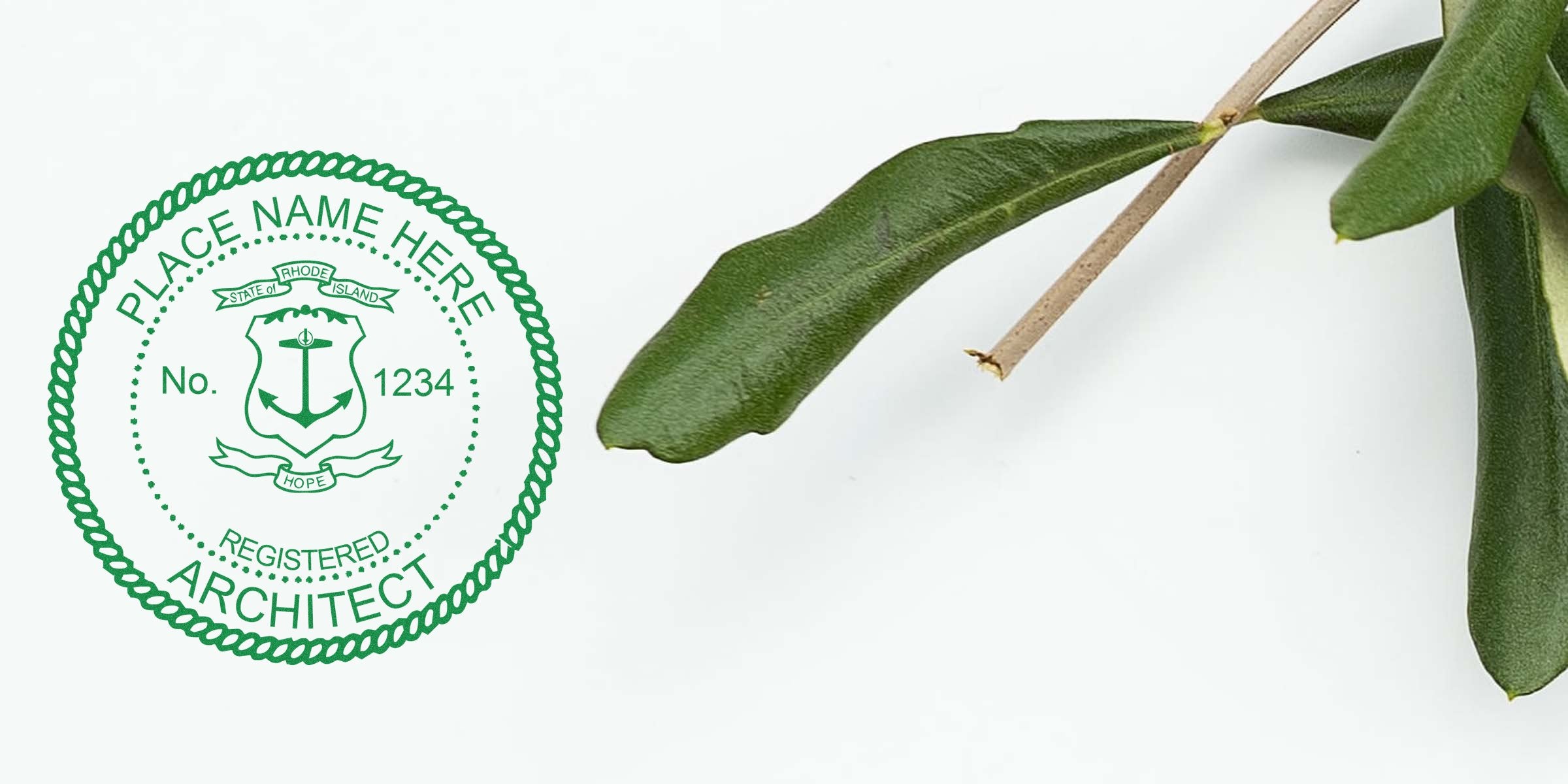 Rhode Island architect seal stamp in green ink with green leaves on white background, emphasizing the choice of Rhode Island architect seal.