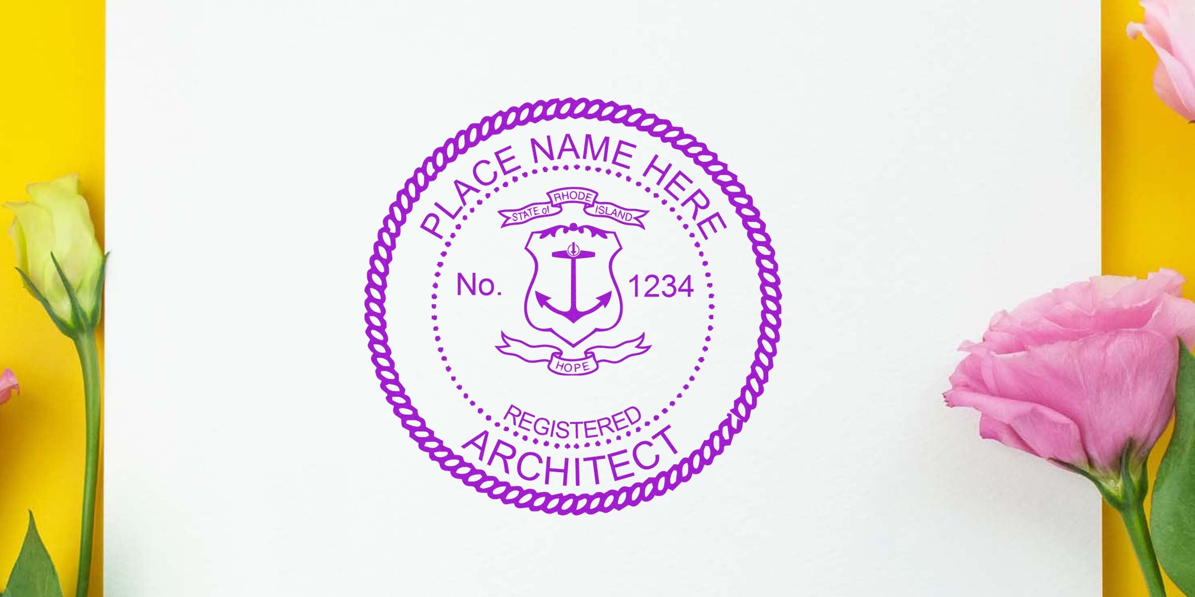 Rhode Island architect stamp with anchor emblem embossed on white paper, surrounded by pink and yellow flowers, displaying the architect embosser Rhode Island seal.