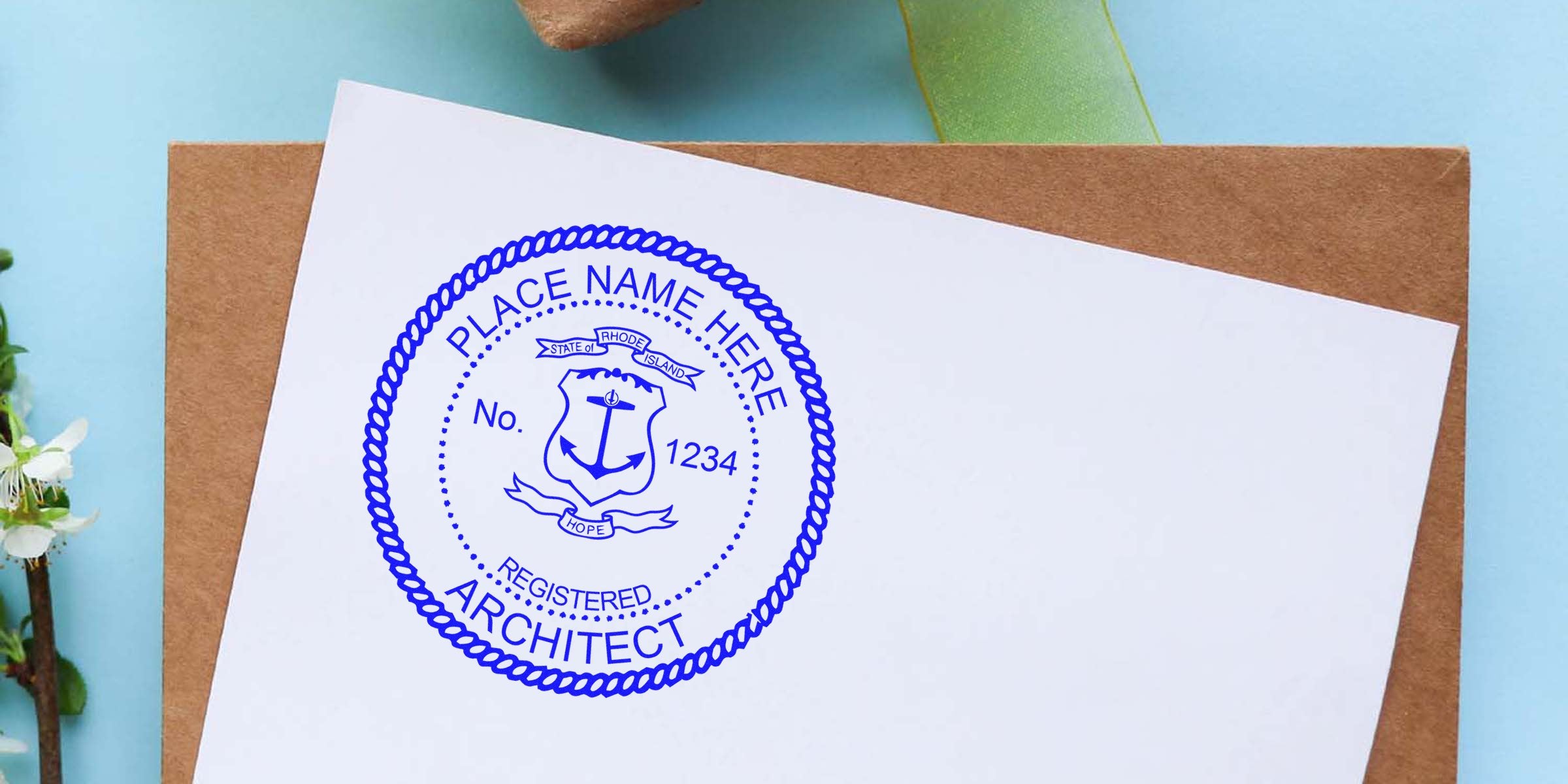 Rhode Island architect stamp on white paper with brown envelope and green ribbon background, showcasing online architect stamp Rhode Island.