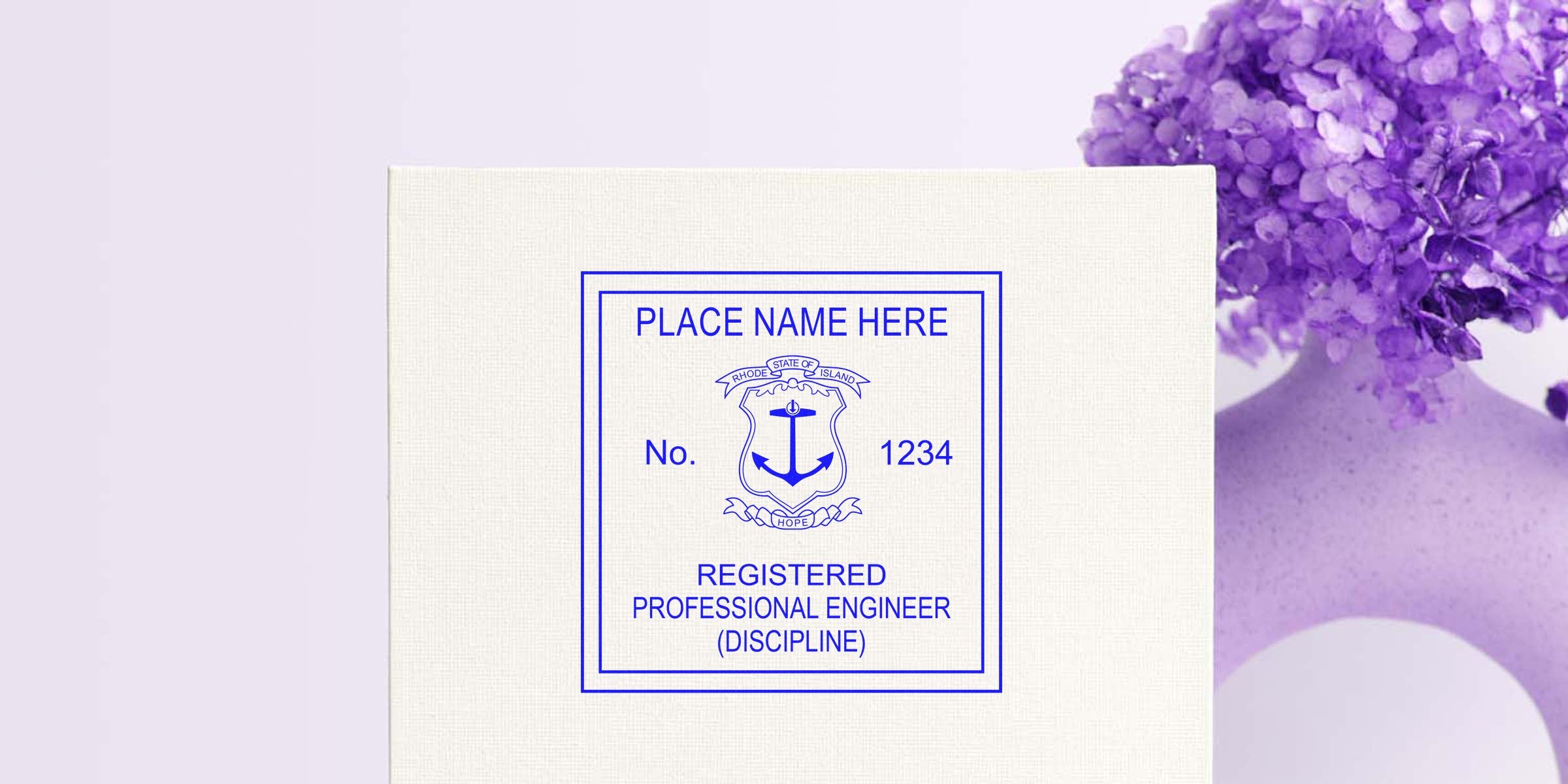 Rhode Island engineer seal with a registered professional engineer emblem, anchor, and purple flowers in a vase, highlighting engineer seal design options.