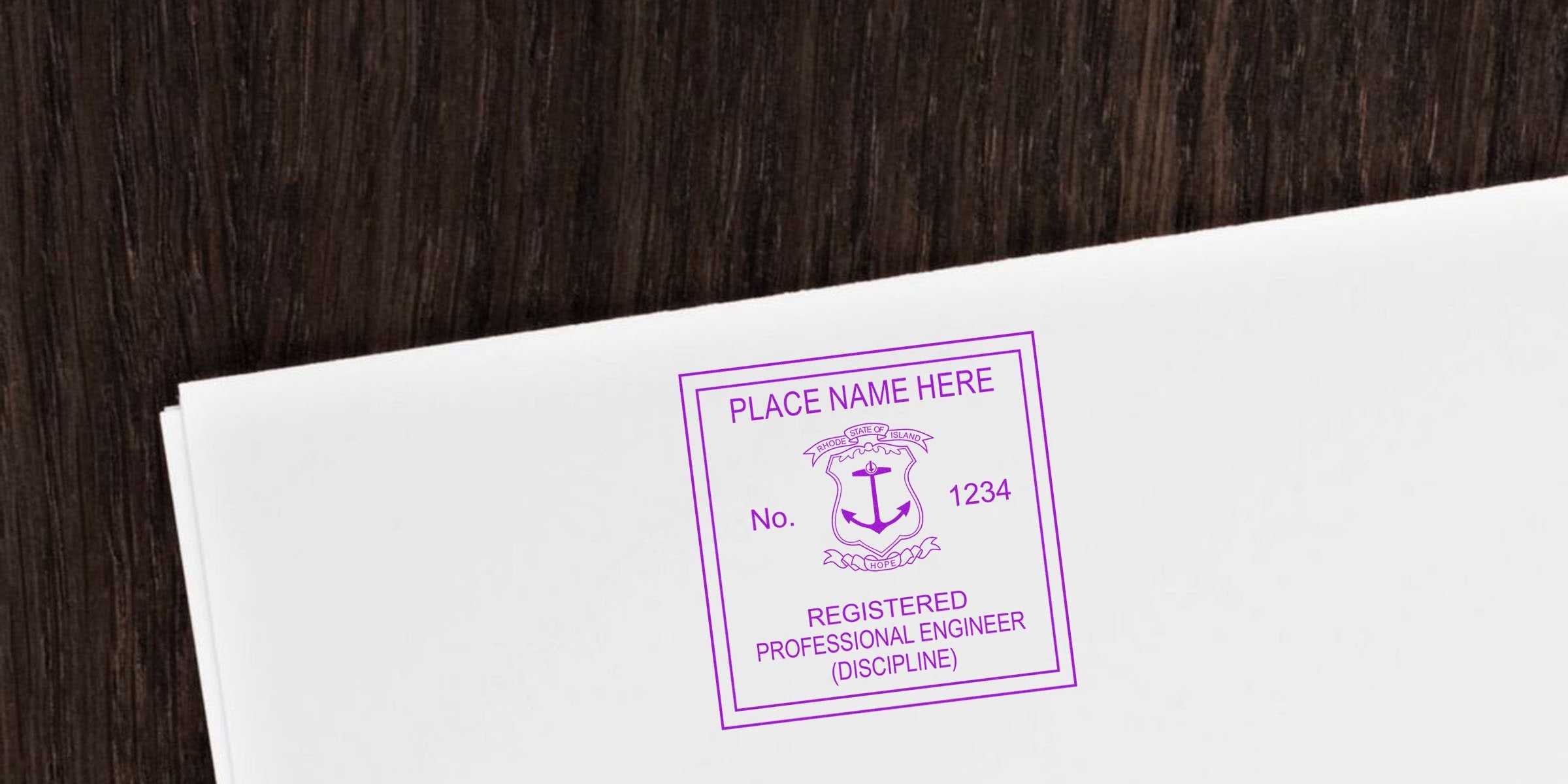 Rhode Island engineer stamp with anchor emblem and registration number on white paper, linked to online engineer stamp application.