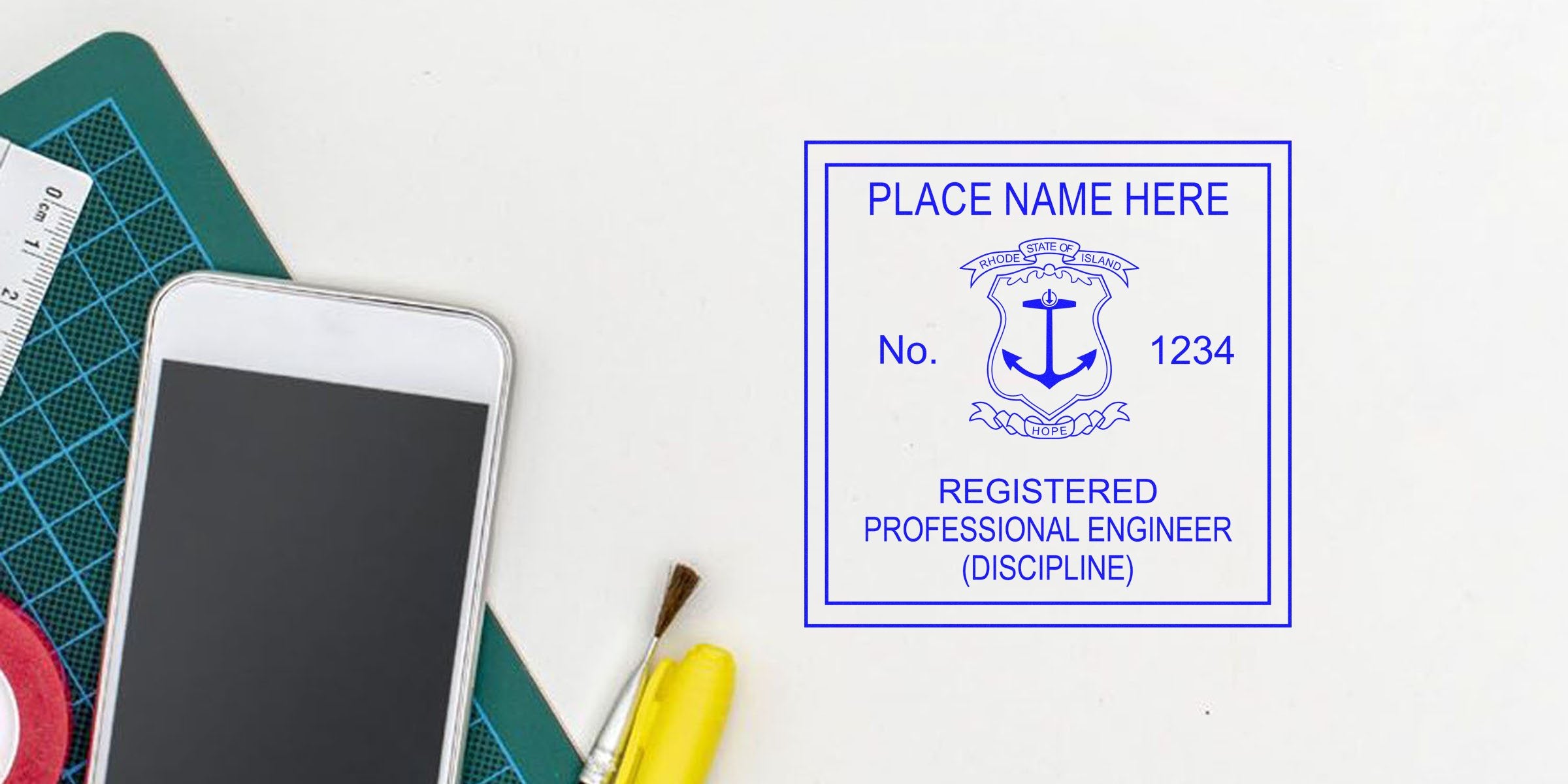 Rhode Island professional engineer stamp on white desk with phone and office items, highlighting RI PE stamp laws and engineer stamp regulations.