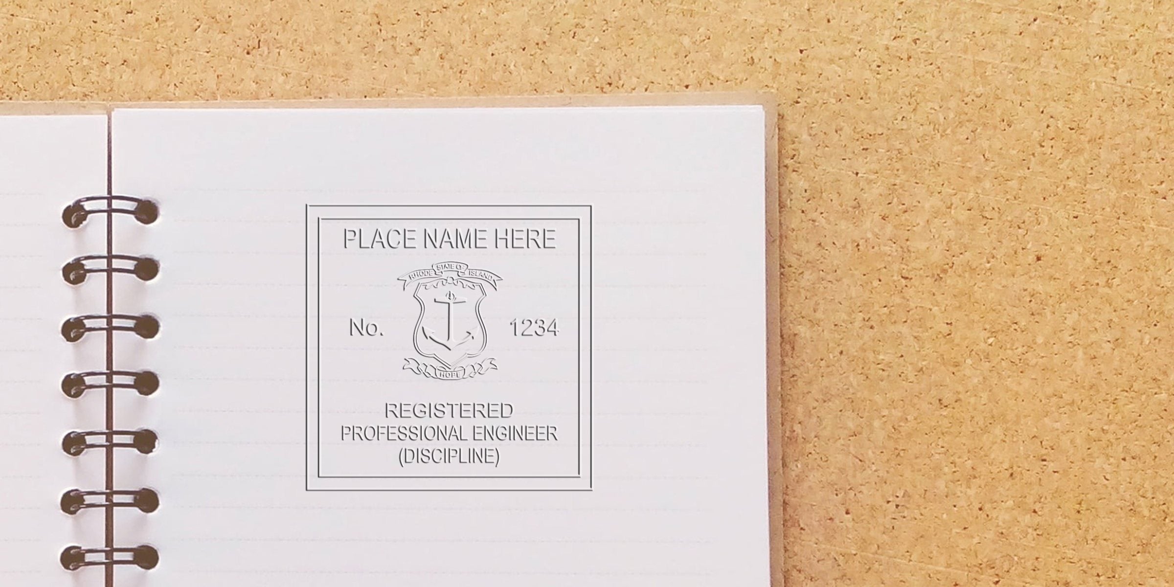 Registered Professional Engineer stamp on notebook page, showing Rhode Island engineer seal meeting state certification requirements.