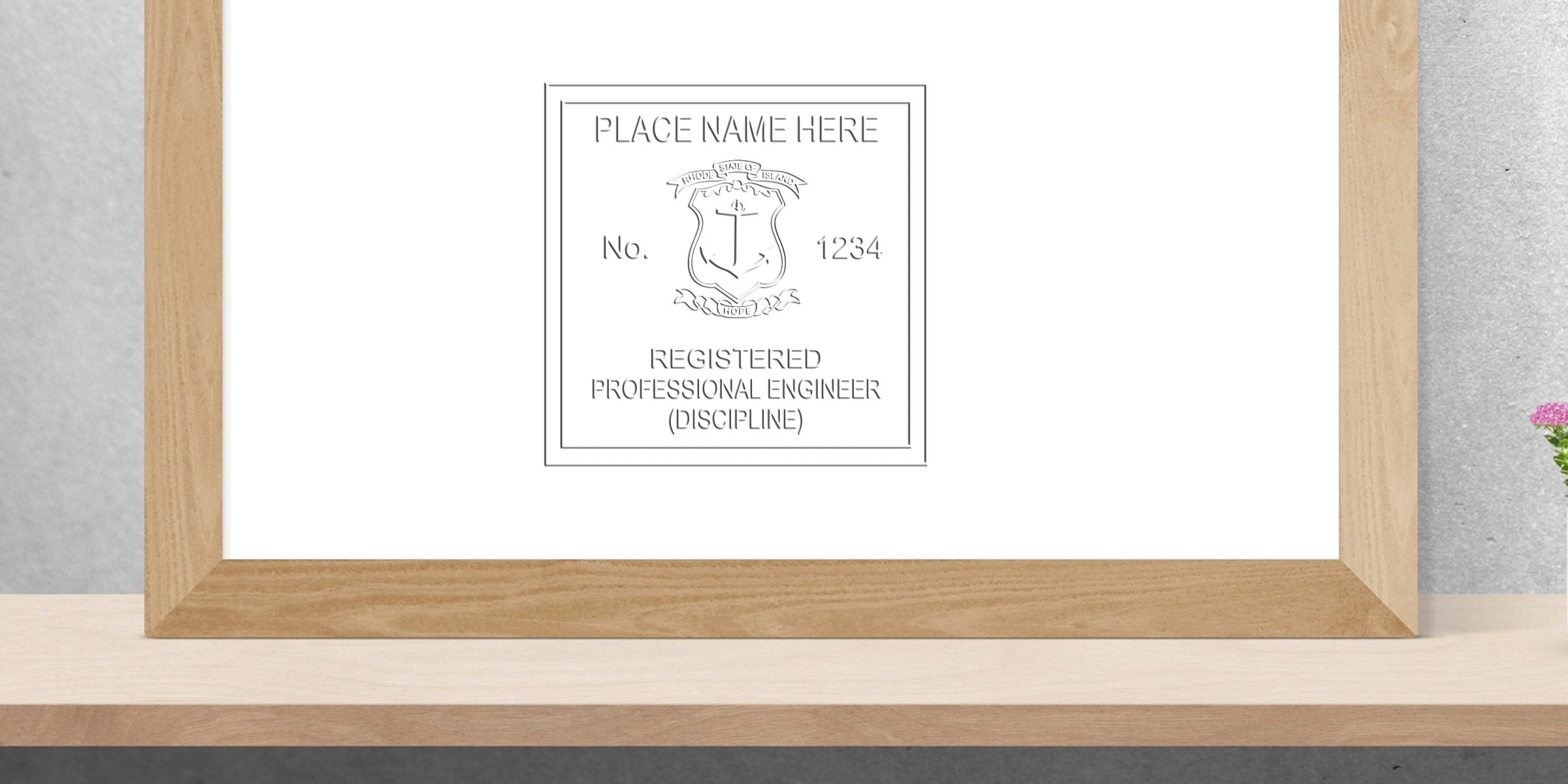 Framed Rhode Island professional engineer certificate on a wooden shelf against a concrete wall, showing the Professional Engineer Seal Embosser and referencing the RI Engineer Seal Guide.