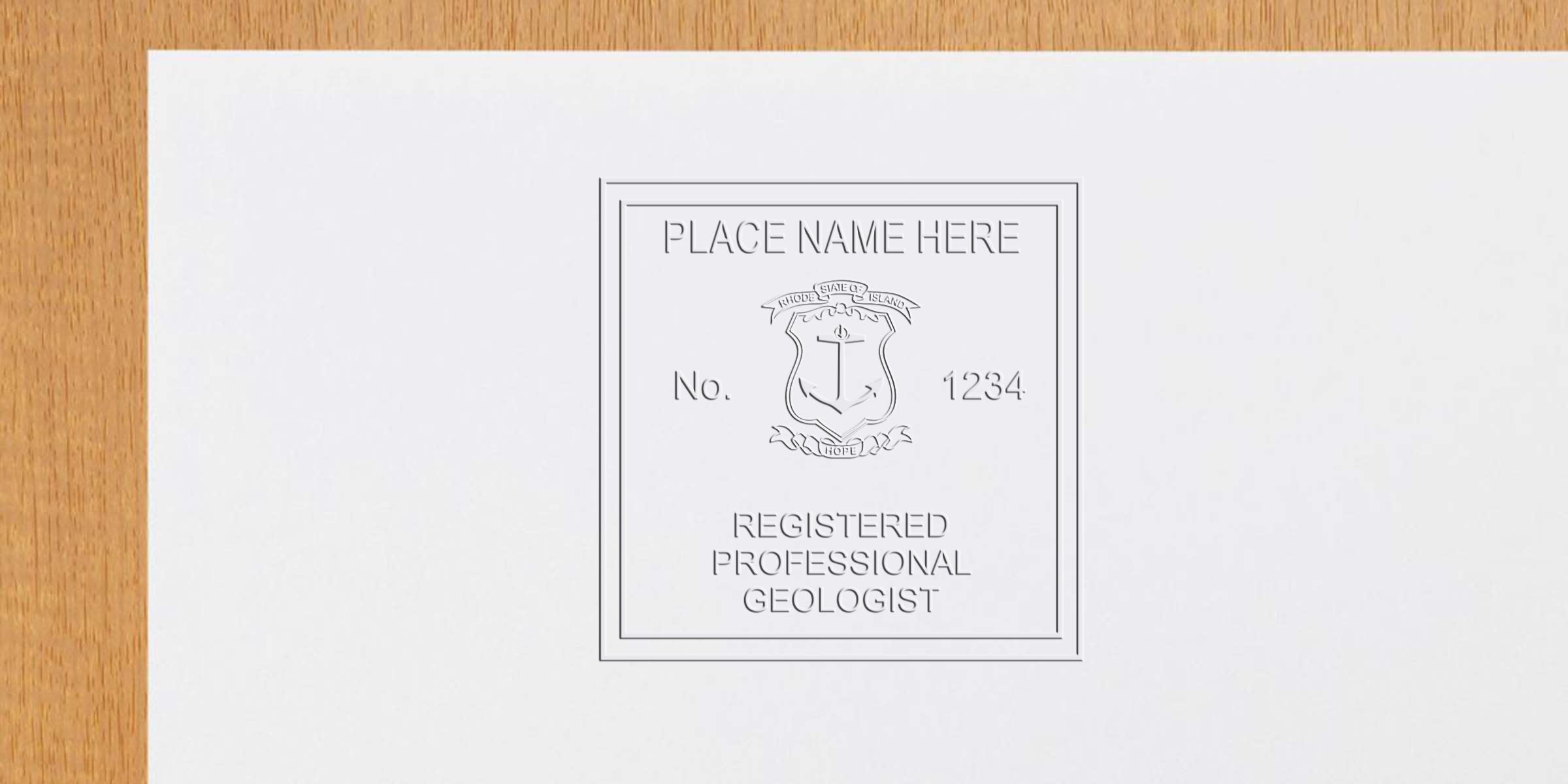 Rhode Island geologist certification seal on white paper with wooden background, complying with geologist stamp guidelines.
