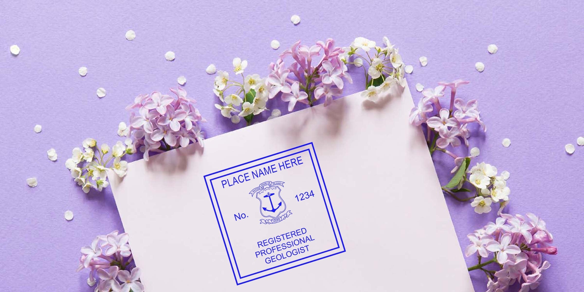 Registered professional geologist certificate with Geologist Stamp Rhode Island and Professional Geologist Seal RI, adorned with floral design on a purple background.