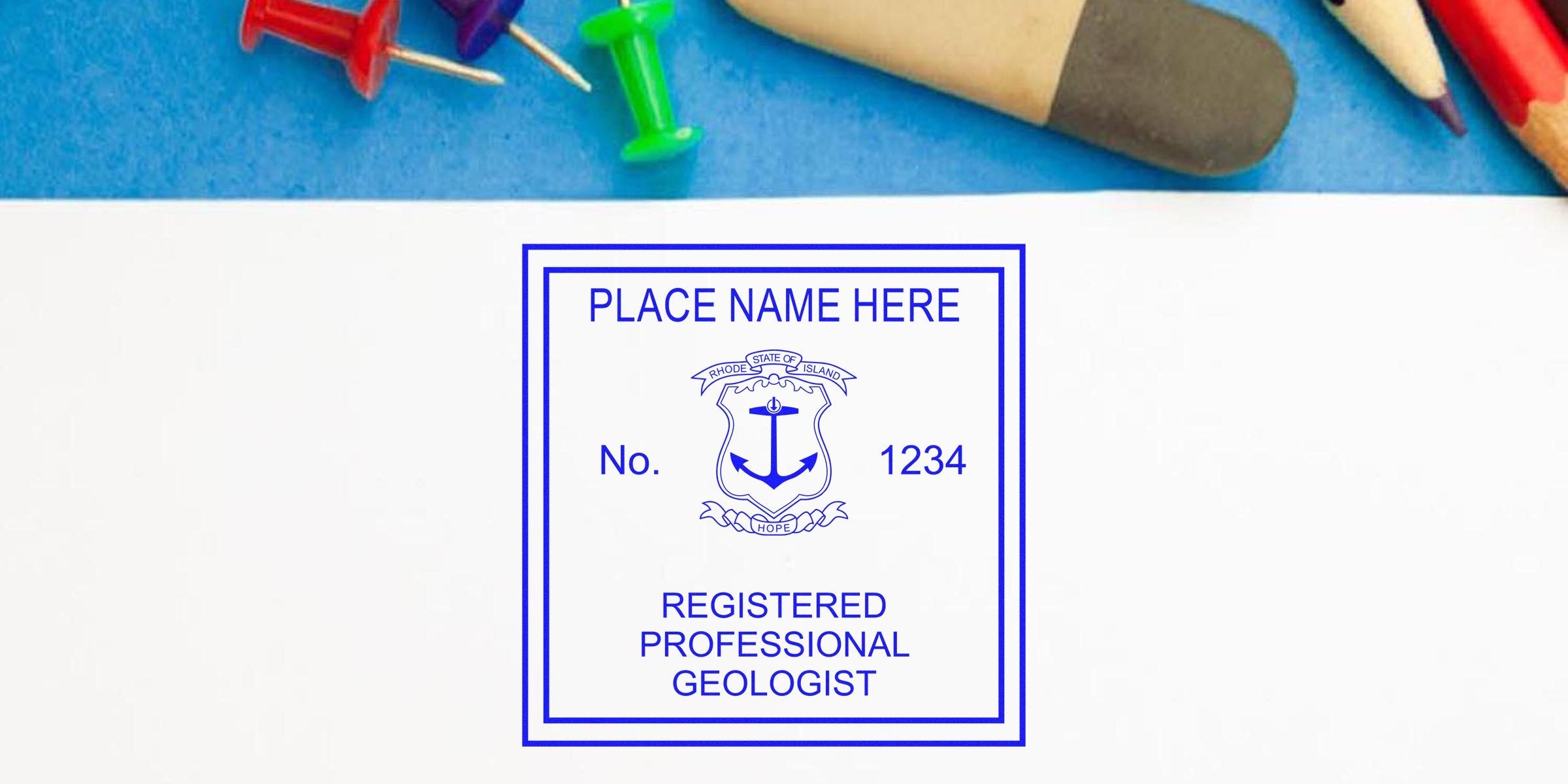 Certified professional geologist stamp with Rhode Island emblem on white paper, emphasizing Rhode Island geologist exam and stamp size rules, set against an office supplies background.