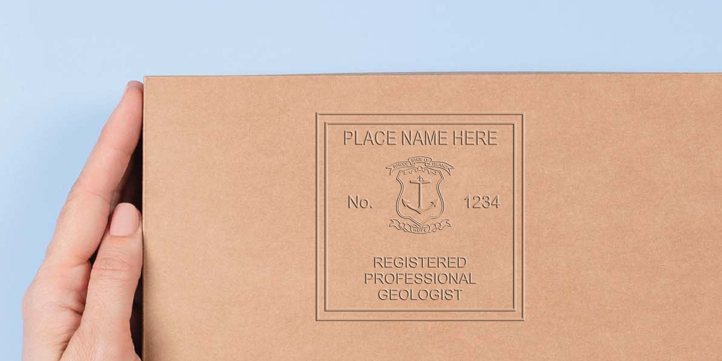 Hand holding Rhode Island-registered professional geologist certificate on brown paper, embossed with the Rhode Island Geologist Seal and compliance details.