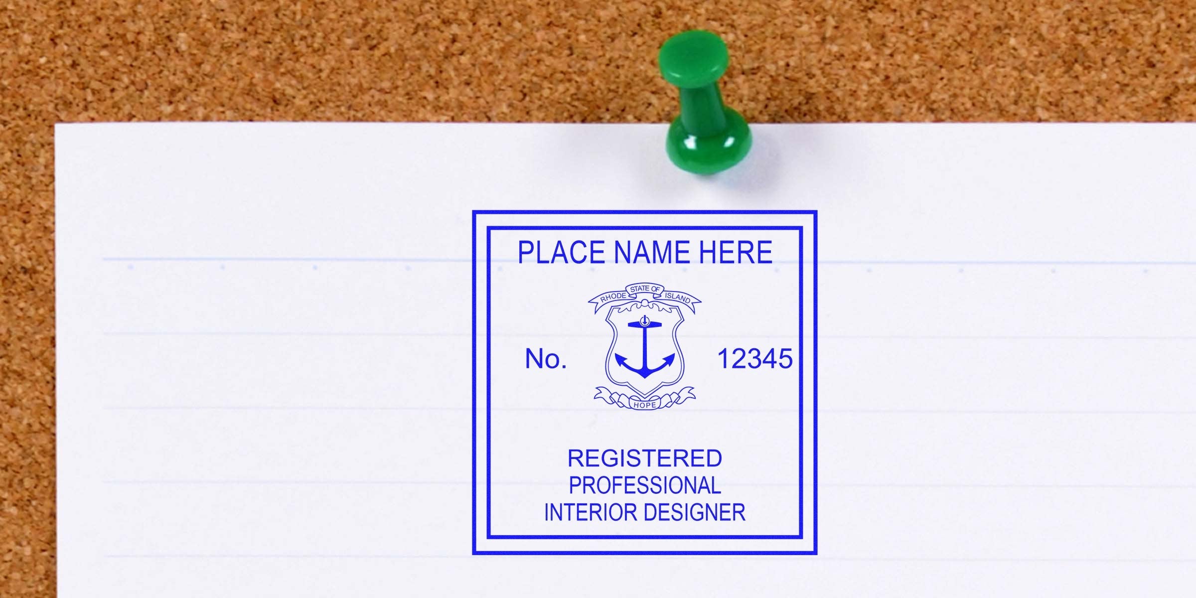 Registered professional interior designer stamp on paper pinned to corkboard with green pushpin, showing Rhode Island interior design certification seal per state regulations and stamp requirements.