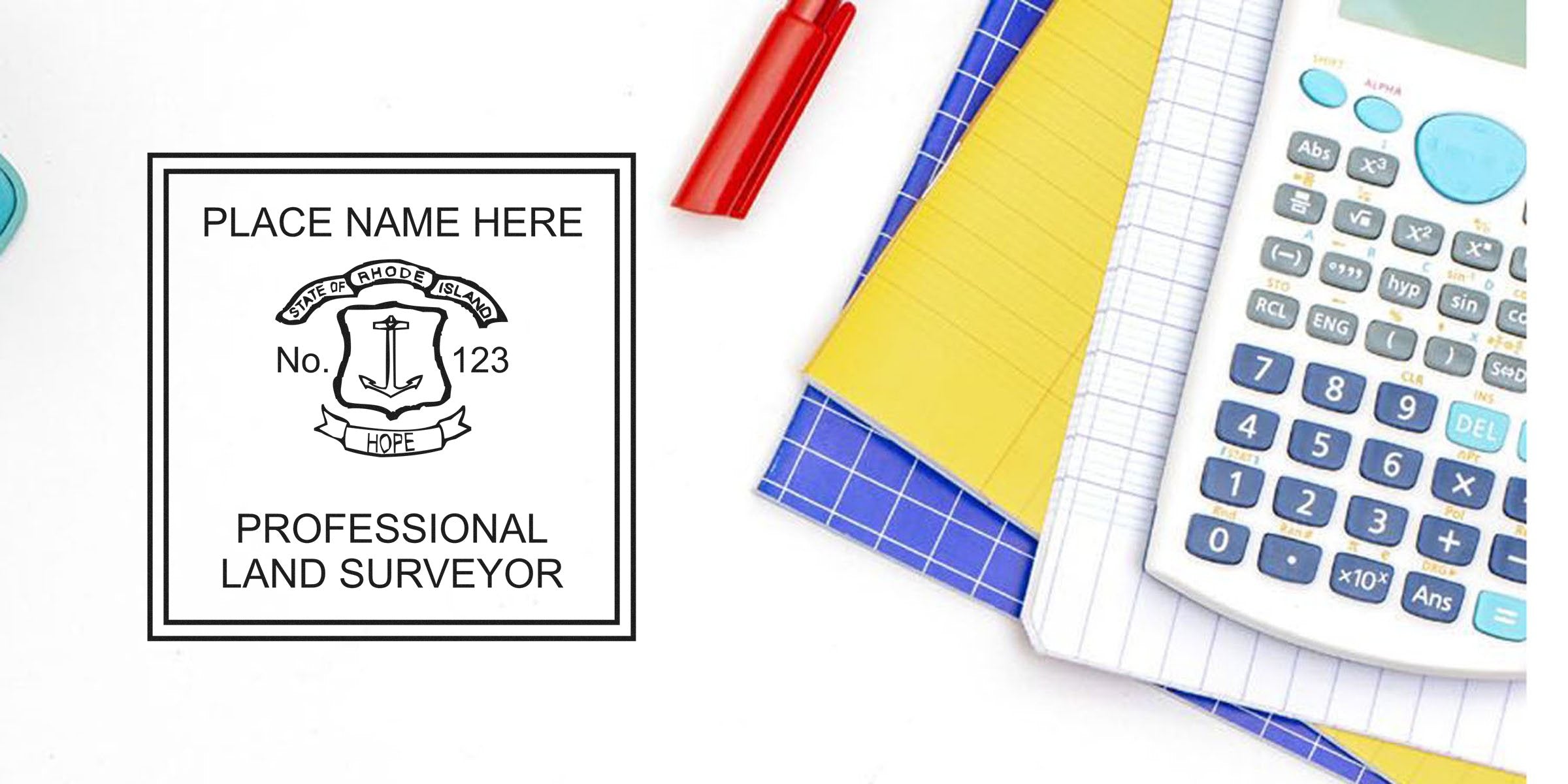 Rhode Island land surveyor seal with professional stamp, calculator, red pen, and notebooks showcasing land surveyor certification on a white background.