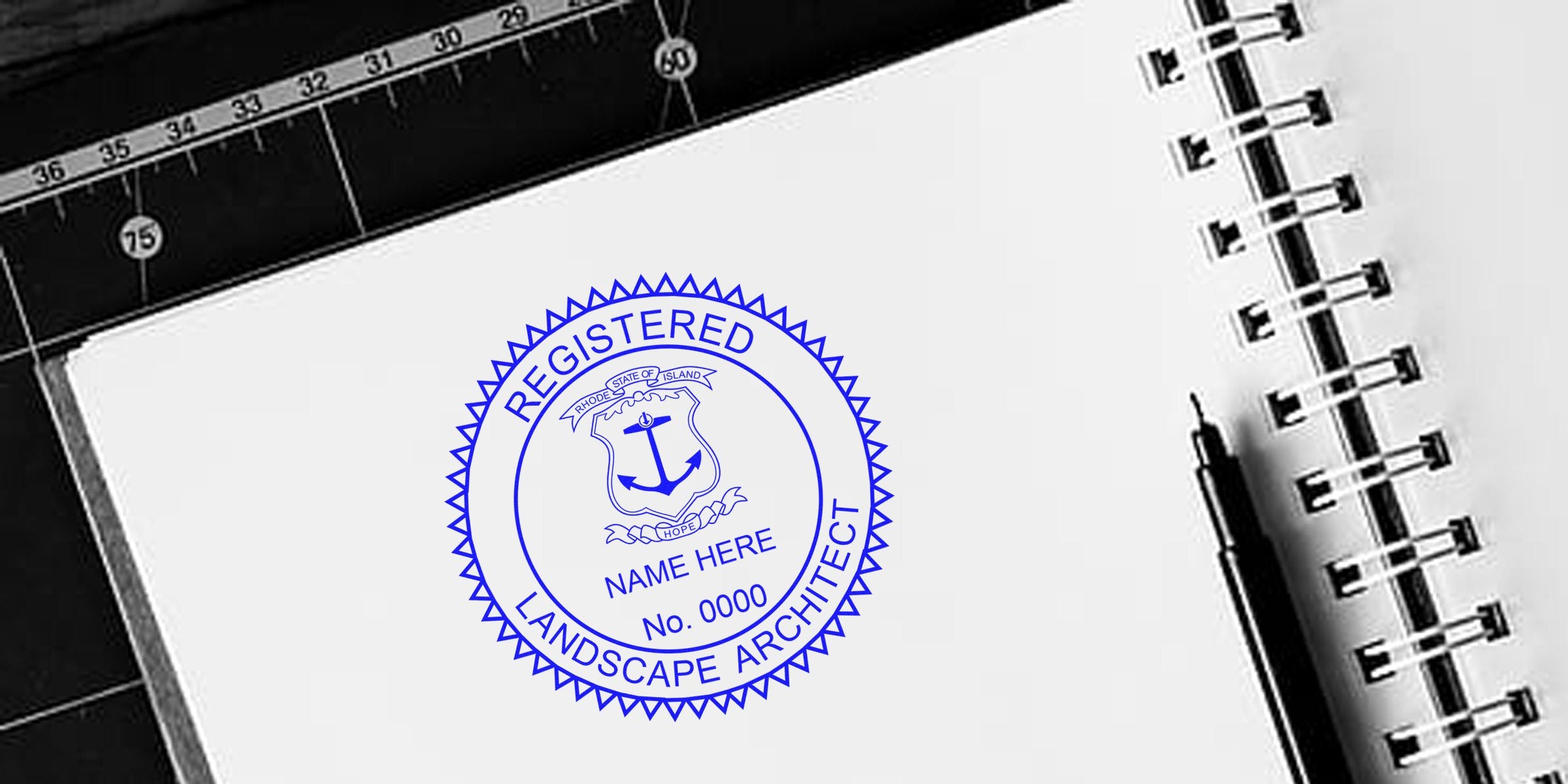 Rhode Island landscape architect seal stamped on notebook with pen and ruler, showcasing a professional certification seal template.