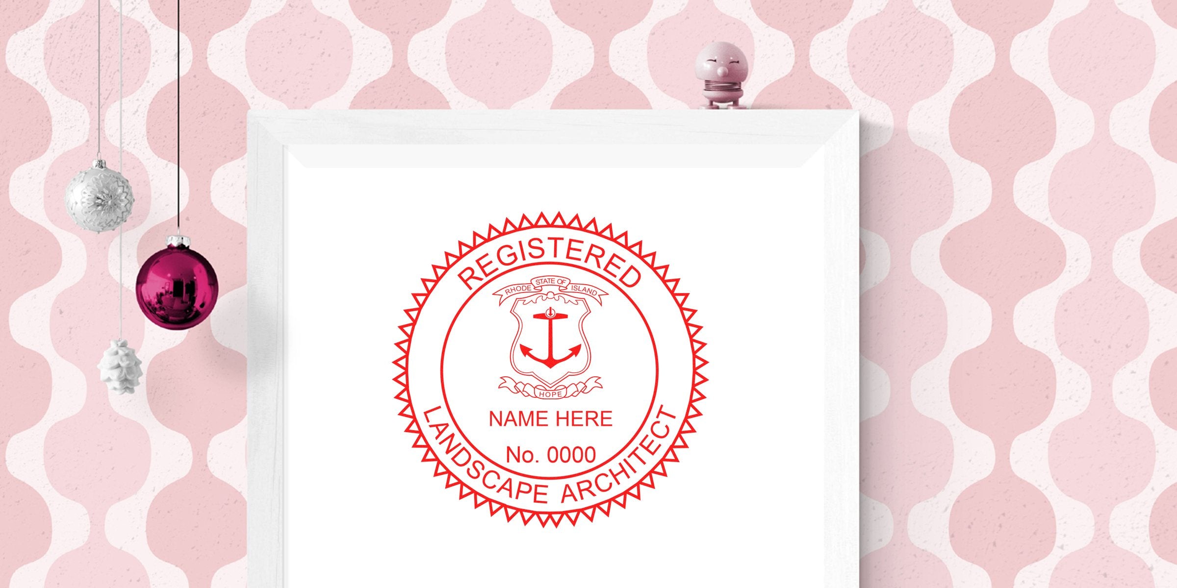 Rhode Island landscape architect seal with name and number in white frame on pink patterned wall, adhering to seal design guidelines.