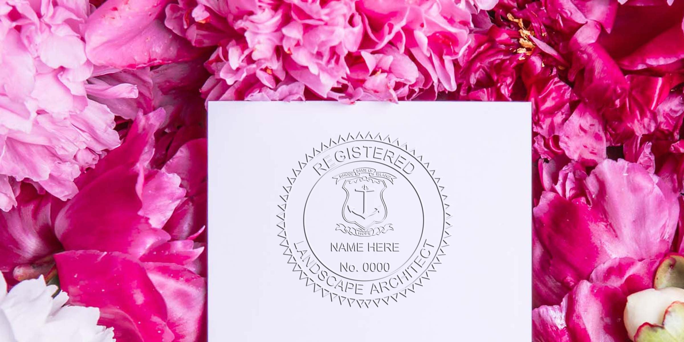 Rhode Island landscape architect seal on white paper with pink petals, emphasizing fees and budgeting for landscape design.