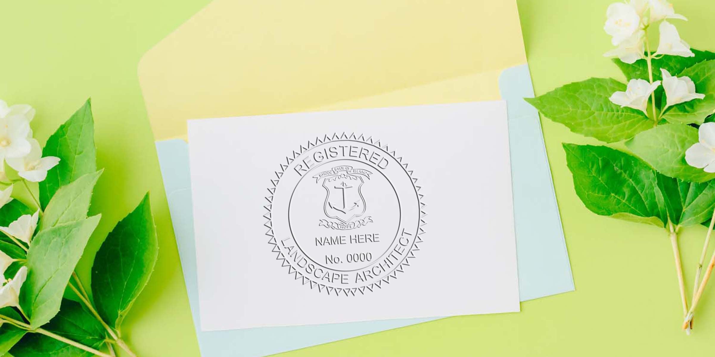 Registered landscape architect seal on white paper with green leaves and flowers on a pastel background, showing Rhode Island stamp expiration and project document stamps.
