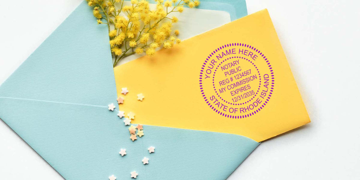 Rhode Island notary seal stamped on a yellow envelope next to a blue envelope and yellow flowers, showing the notary seal and its requirements.