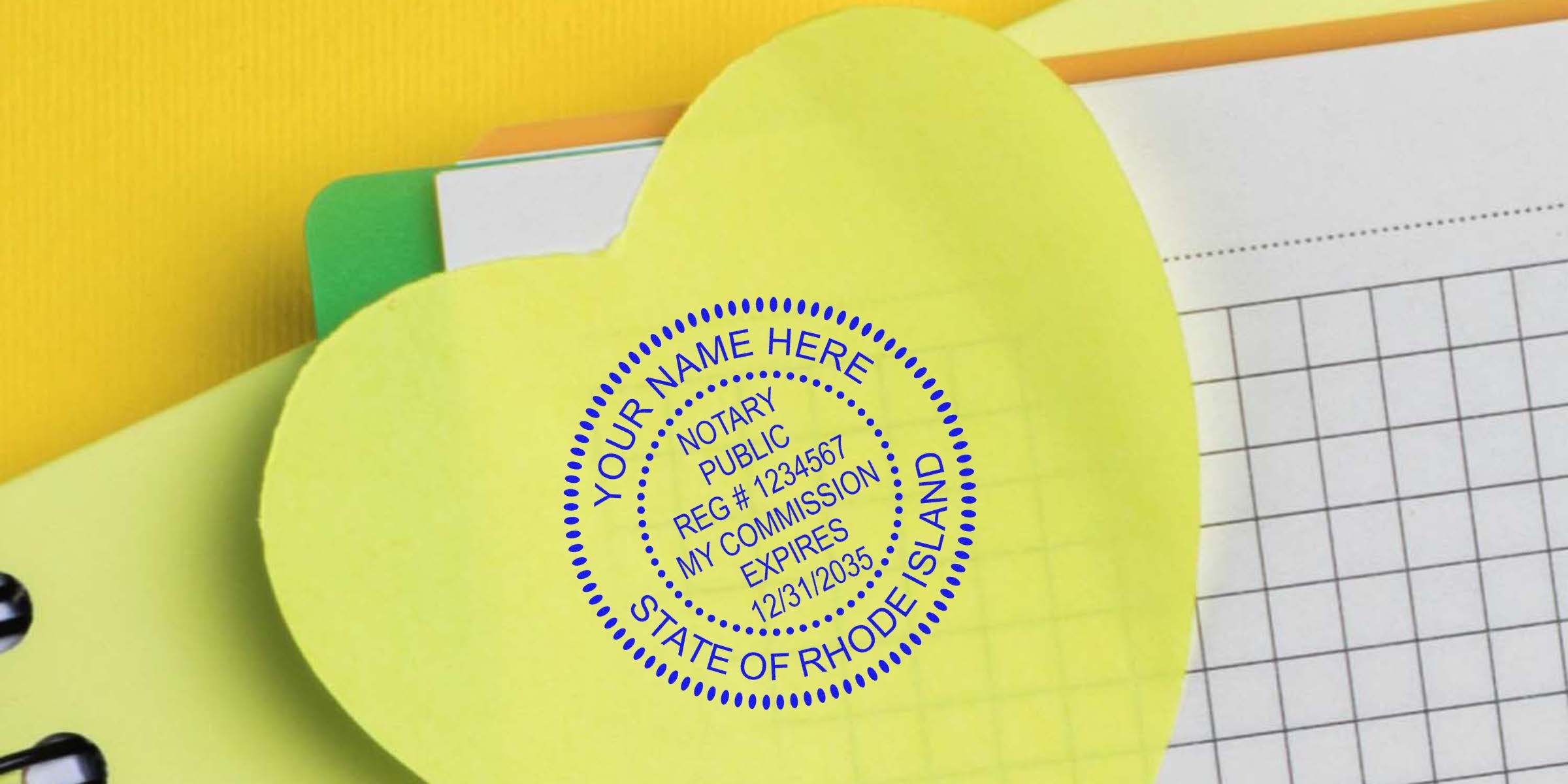 Yellow heart-shaped Rhode Island Notary Seal stamp on paper with state commission info, providing the Best Deals Notary Seal.