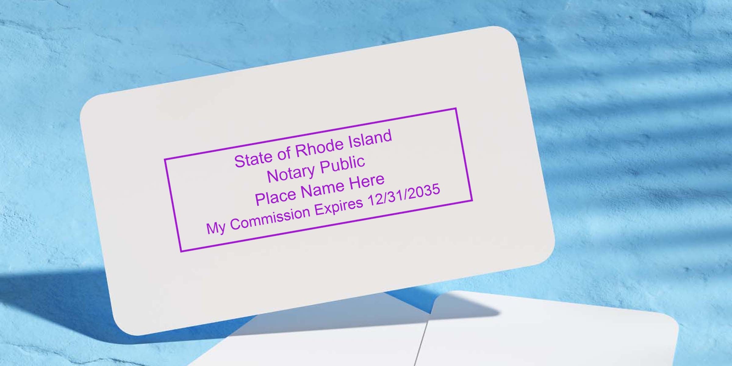 Rhode Island notary stamp on white card with commission expiry, essential notary supplies, and success tips on blue background.