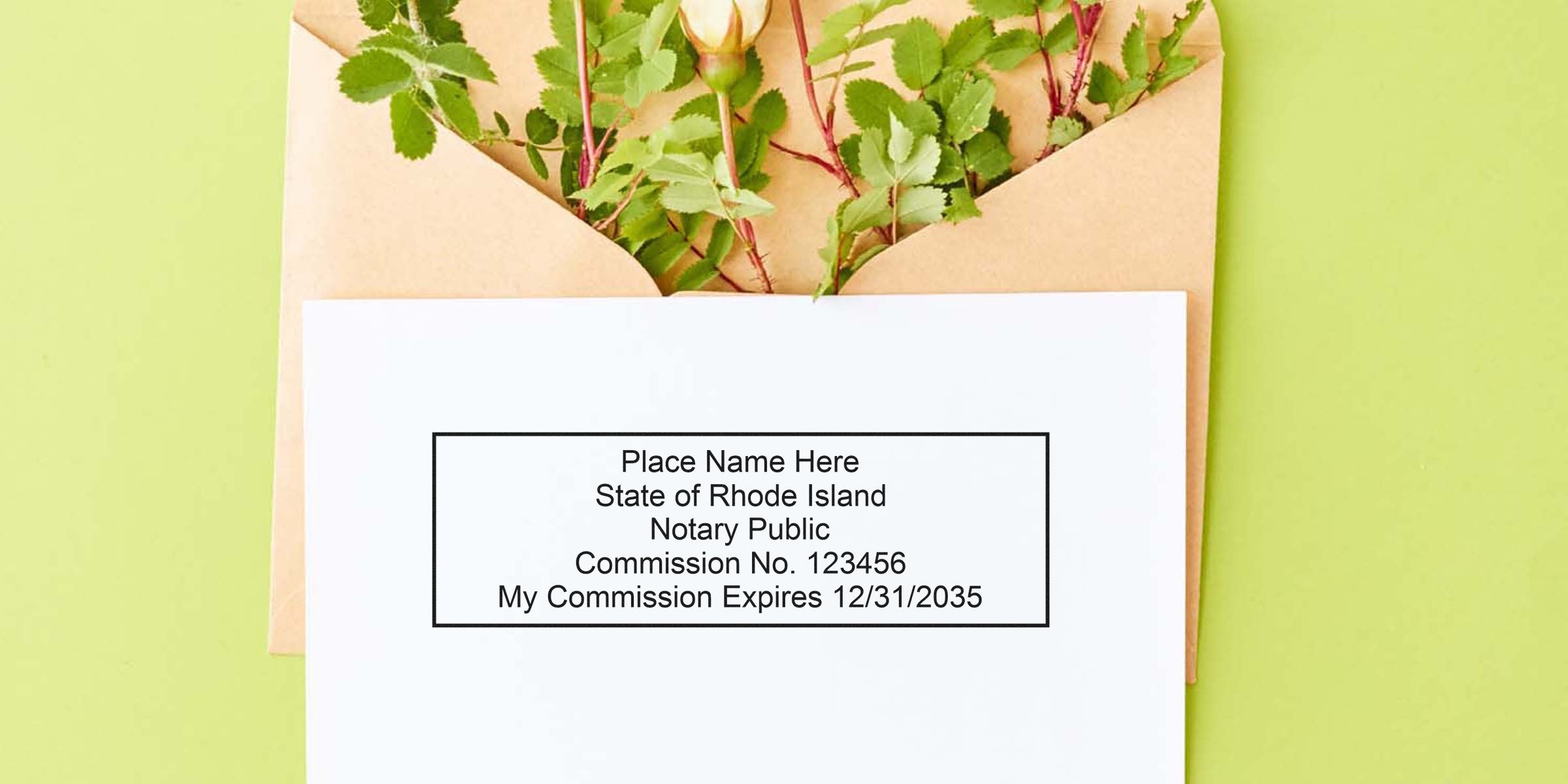 Rhode Island Notary Public commission certificate with expiration date on white paper, a reliable notary stamp, placed on a brown envelope against a green leaves background.