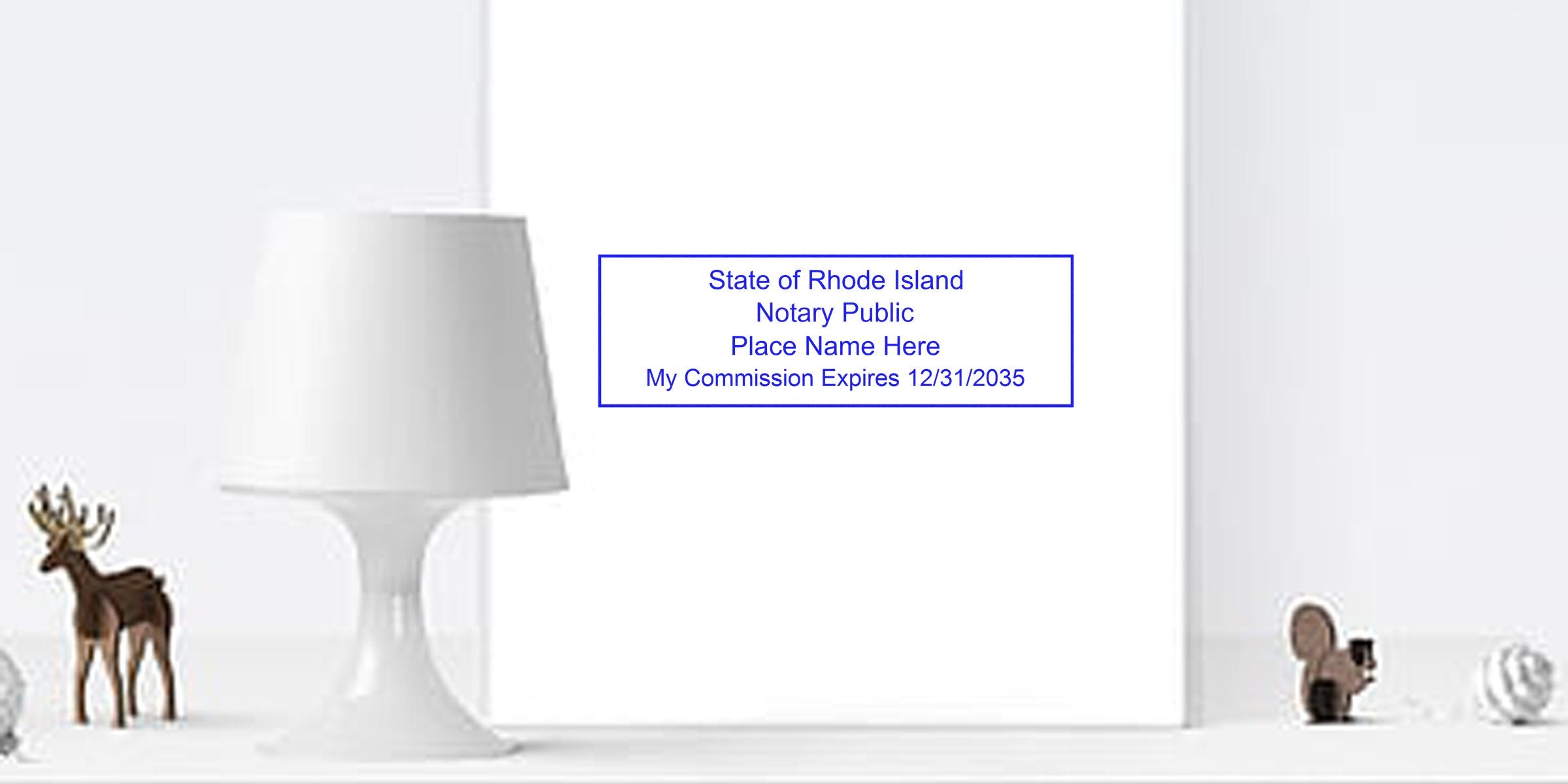 Rhode Island notary seal stamp with commission expiration date on white background, compliant with Rhode Island notary seal requirements.