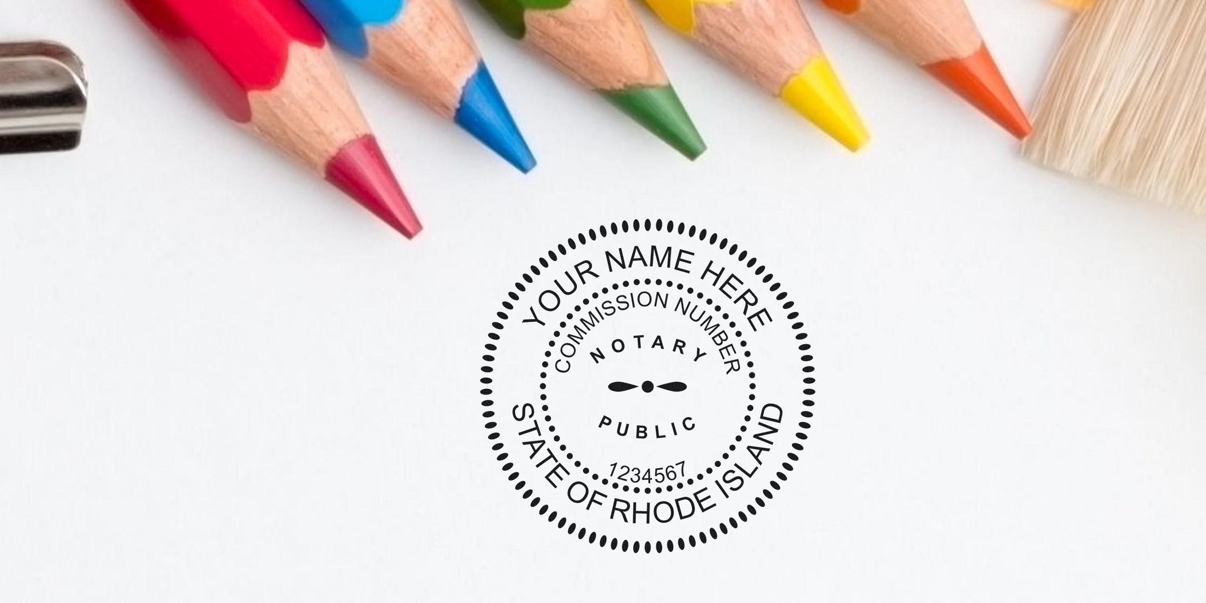 Custom Rhode Island notary stamp with commission number, surrounded by colorful pencils and paintbrushes, highlighting essential Rhode Island notary supplies and tools on a white background.