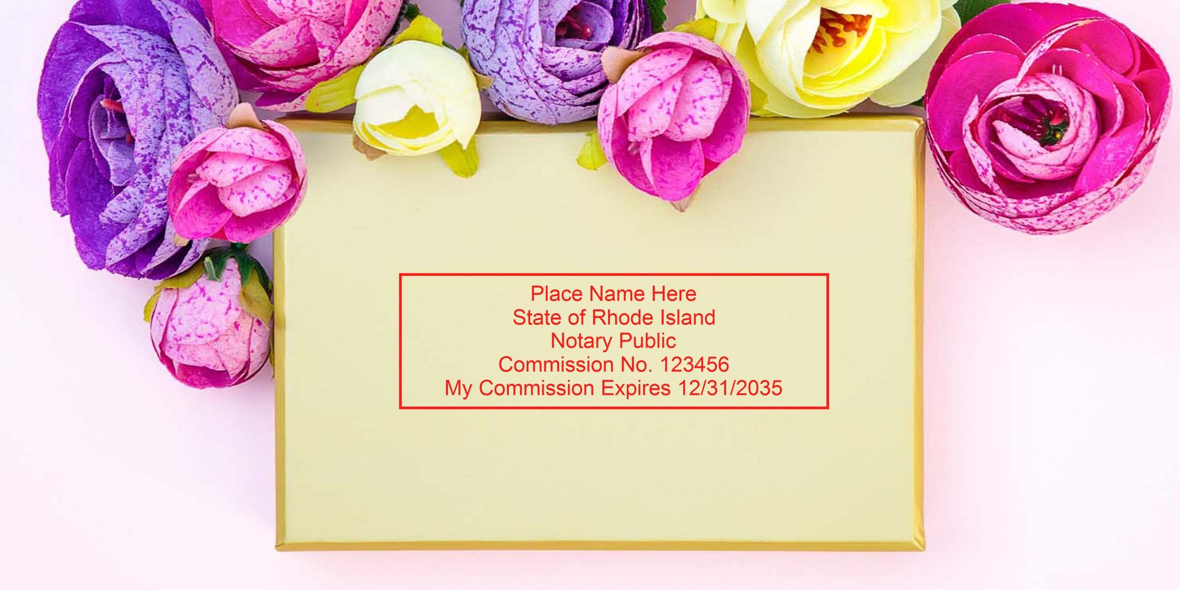 Rhode Island notary commission certificate shown with colorful artificial flowers on a pastel background, highlighting Rhode Island notary stamp rules and compliance tips.