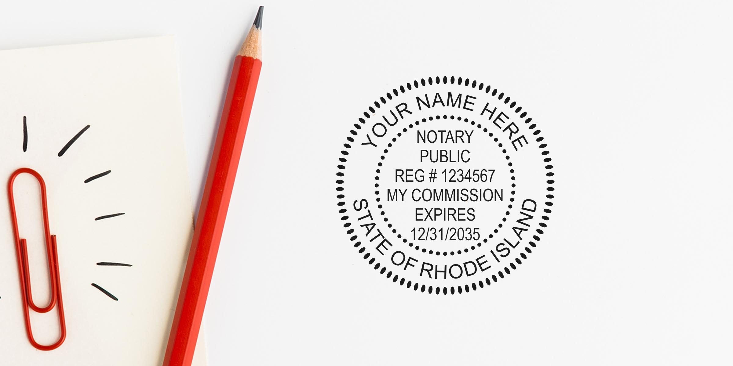 RI notary stamps with a notary public stamp, red pencil, and paperclip on white, highlighting trusted notary tools.
