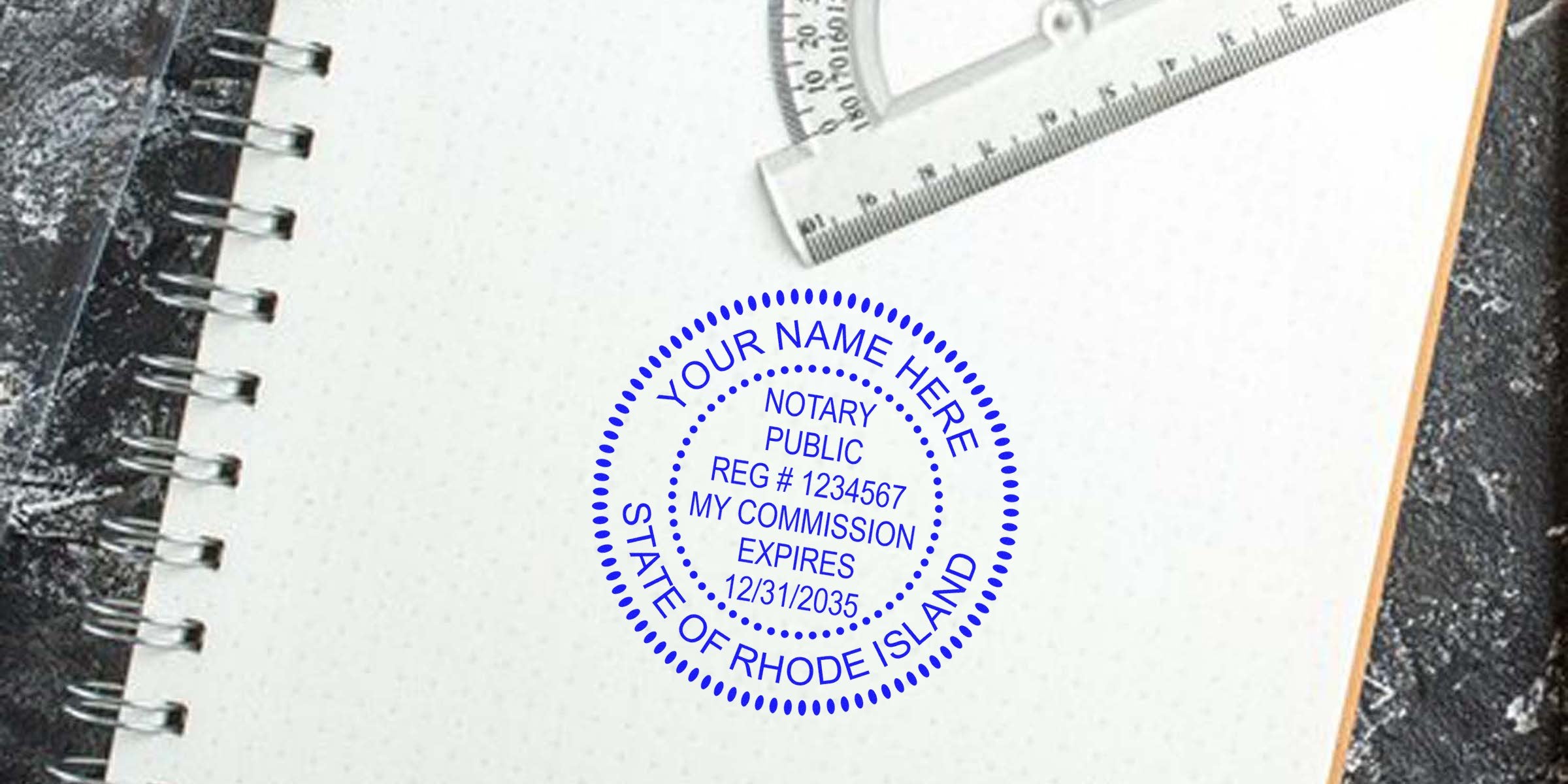 Reliable Rhode Island notary stamp on notebook with ruler and protractor, highlighting the benefits of using a notary stamp in Rhode Island.