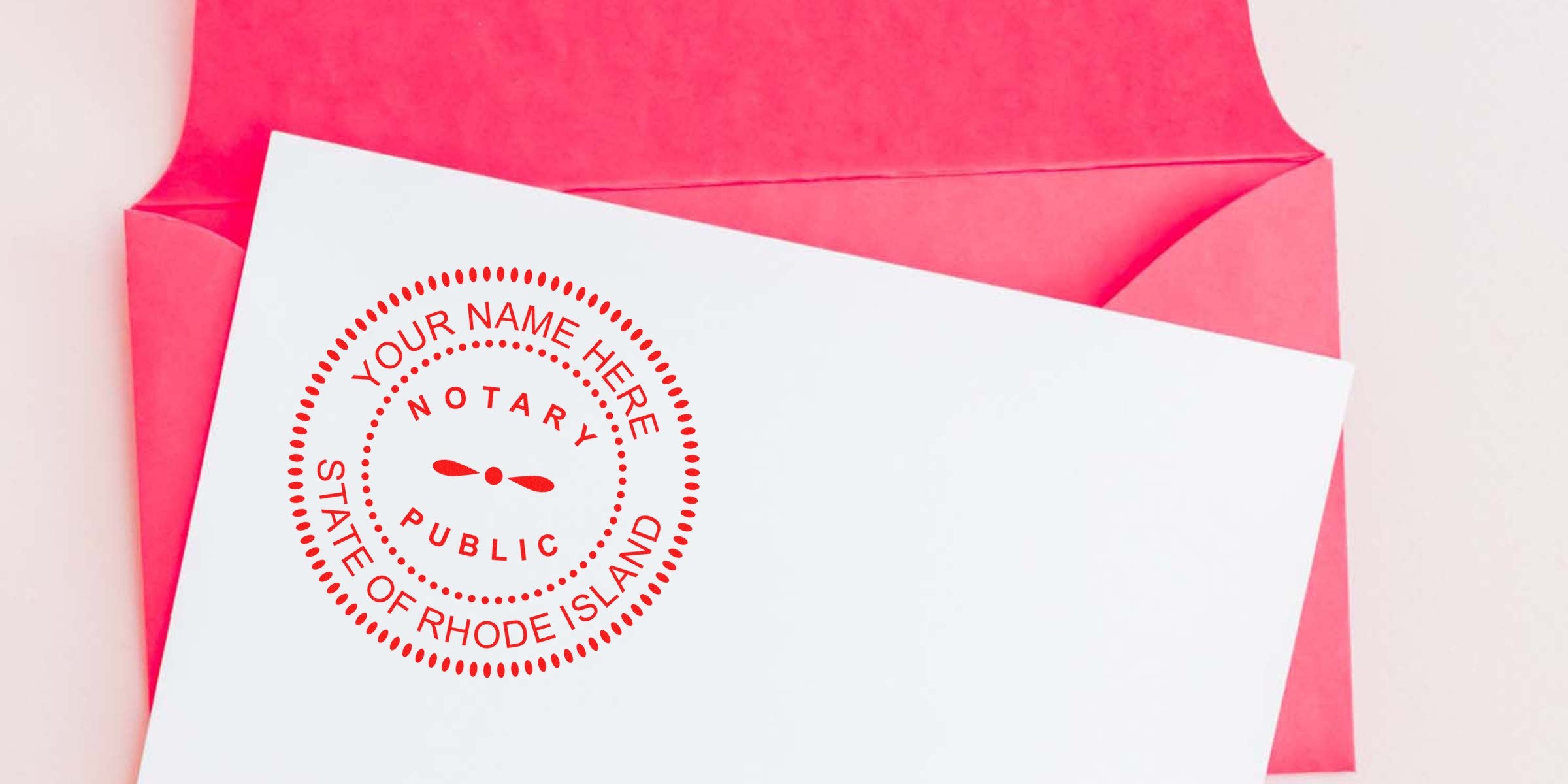 RI notary seal on white paper with pink envelope, official Rhode Island notary certification, top notary seal guide image.