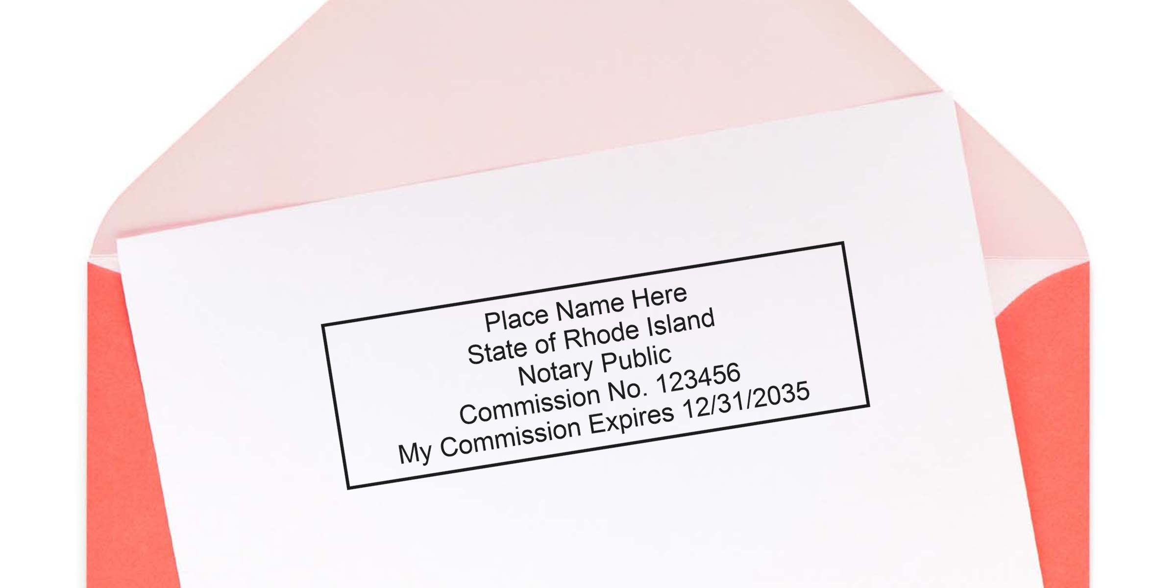 Rhode Island notary seal and stamp with commission number and expiration date on white paper, inside pink and red envelope.