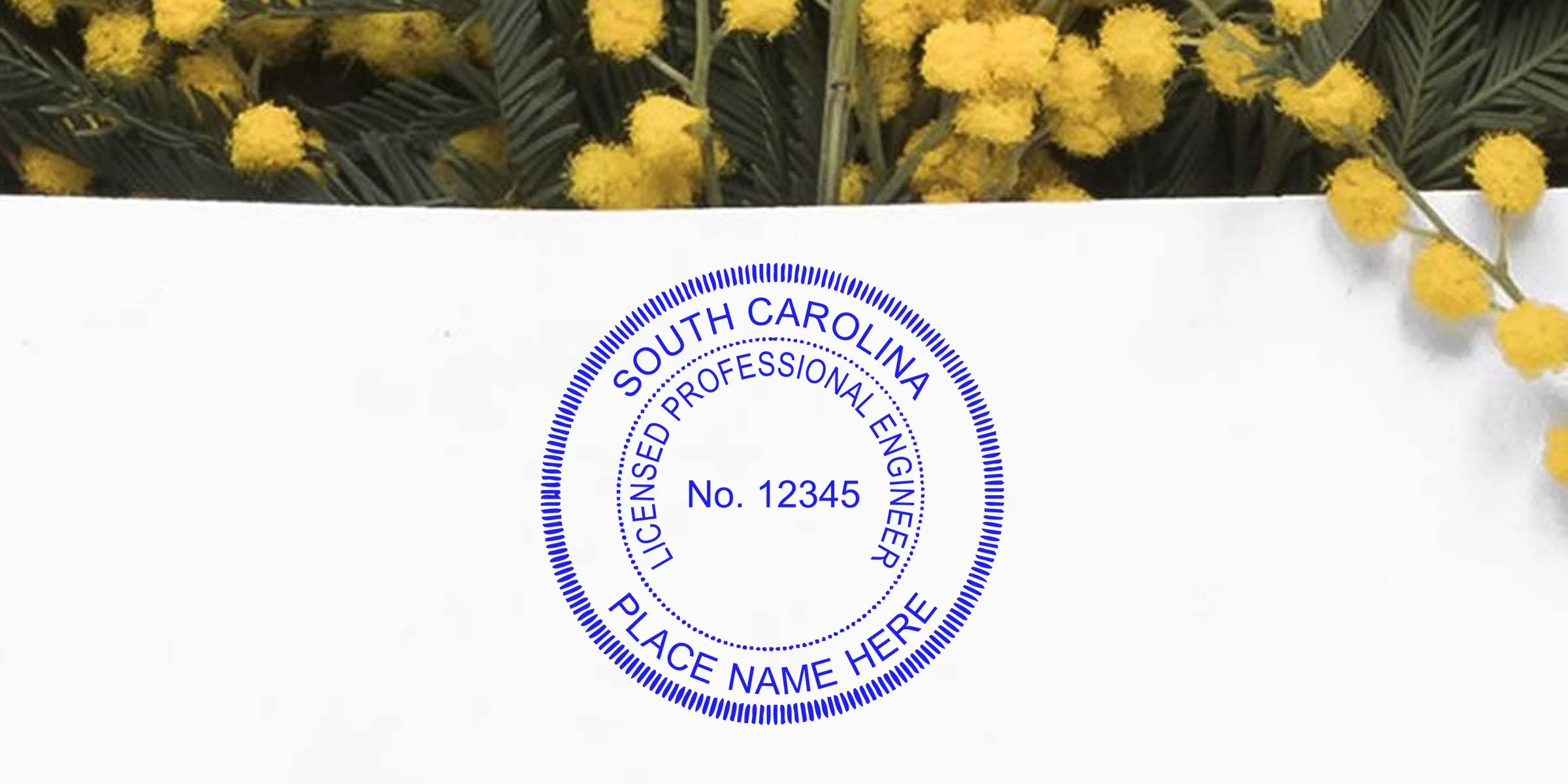 PE Stamp South Carolina on white paper with license number, framed by yellow flowers; Purchase Engineer Stamp SC.