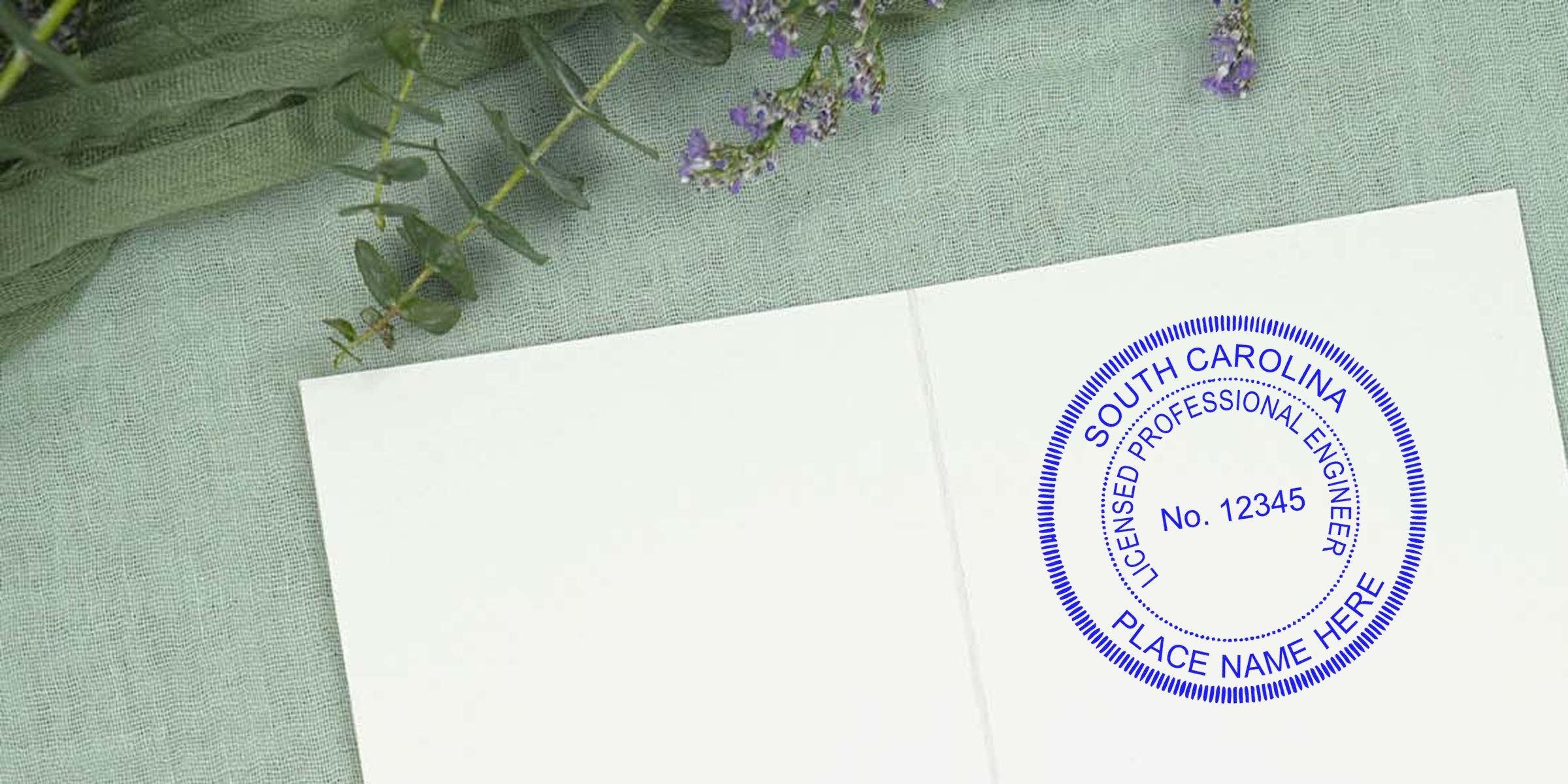 South Carolina licensed professional engineer stamp on white paper with floral background, meeting SC PE seal and professional engineer seal standards.
